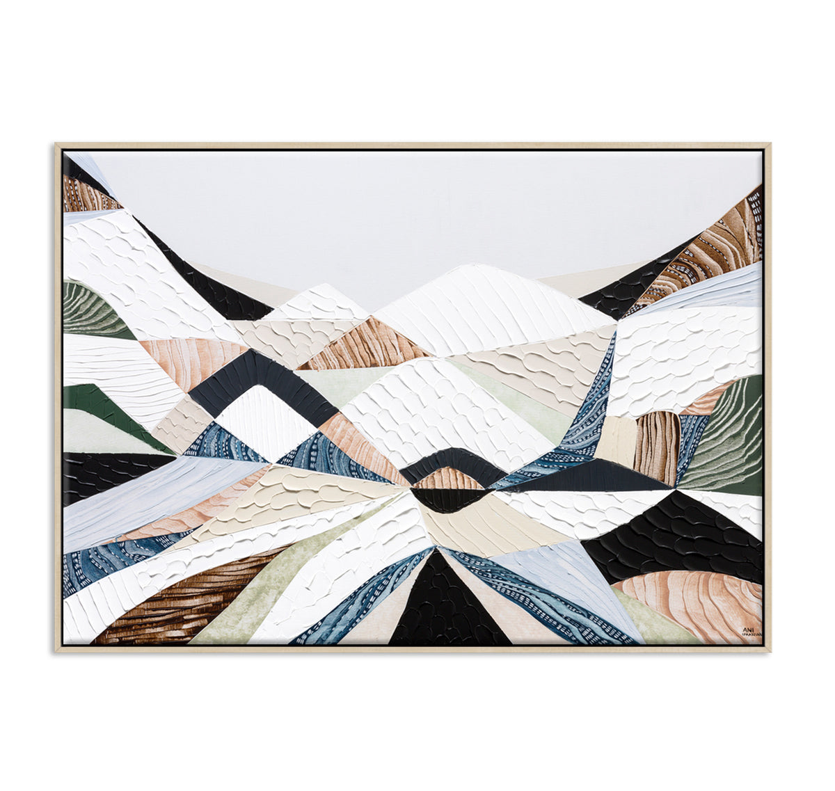 Great Dividing Ranges original Australian mountain landscape painting by Melbourne-based Australian artist Ani Ipradjian, textured acrylic and mixed media canvas artwork in earthy browns and sage greens, framed in Tasmanian Oak, with Australian wall art, canvas prints and giclée fine art prints available.
