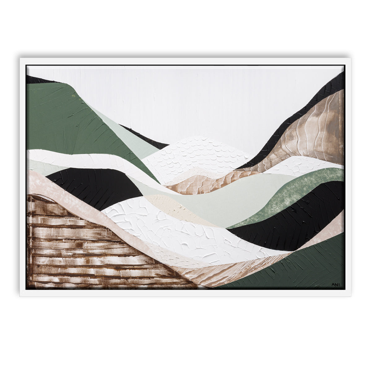 Eastern Highlands – Original abstract Australian mountain landscape painting by Ani Ipradjian, featuring earthy browns, sage greens, and textured mixed media inspired by the Great Dividing Range. Captures the beauty of Australia's Eastern Highlands across Victoria, New South Wales, and Queensland. Framed in Tasmanian Oak. Ideal for collectors, interior designers, and lovers of Australian nature art