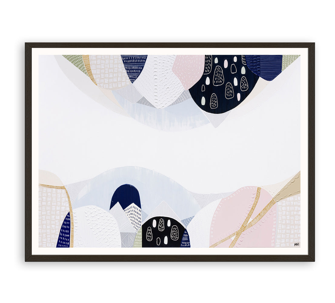 Abstract cityscape print inspired by Melbourne's urban structure, featuring layered textures, natural tones, and references to historic bluestone architecture from the 1850s. Captures the balance of nature and city life in modern Australian design.