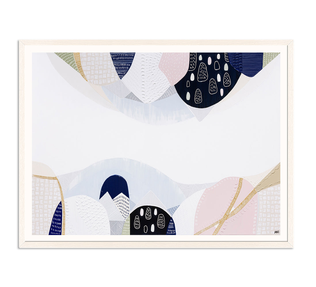 Abstract cityscape print inspired by Melbourne's urban structure, featuring layered textures, natural tones, and references to historic bluestone architecture from the 1850s. Captures the balance of nature and city life in modern Australian design.