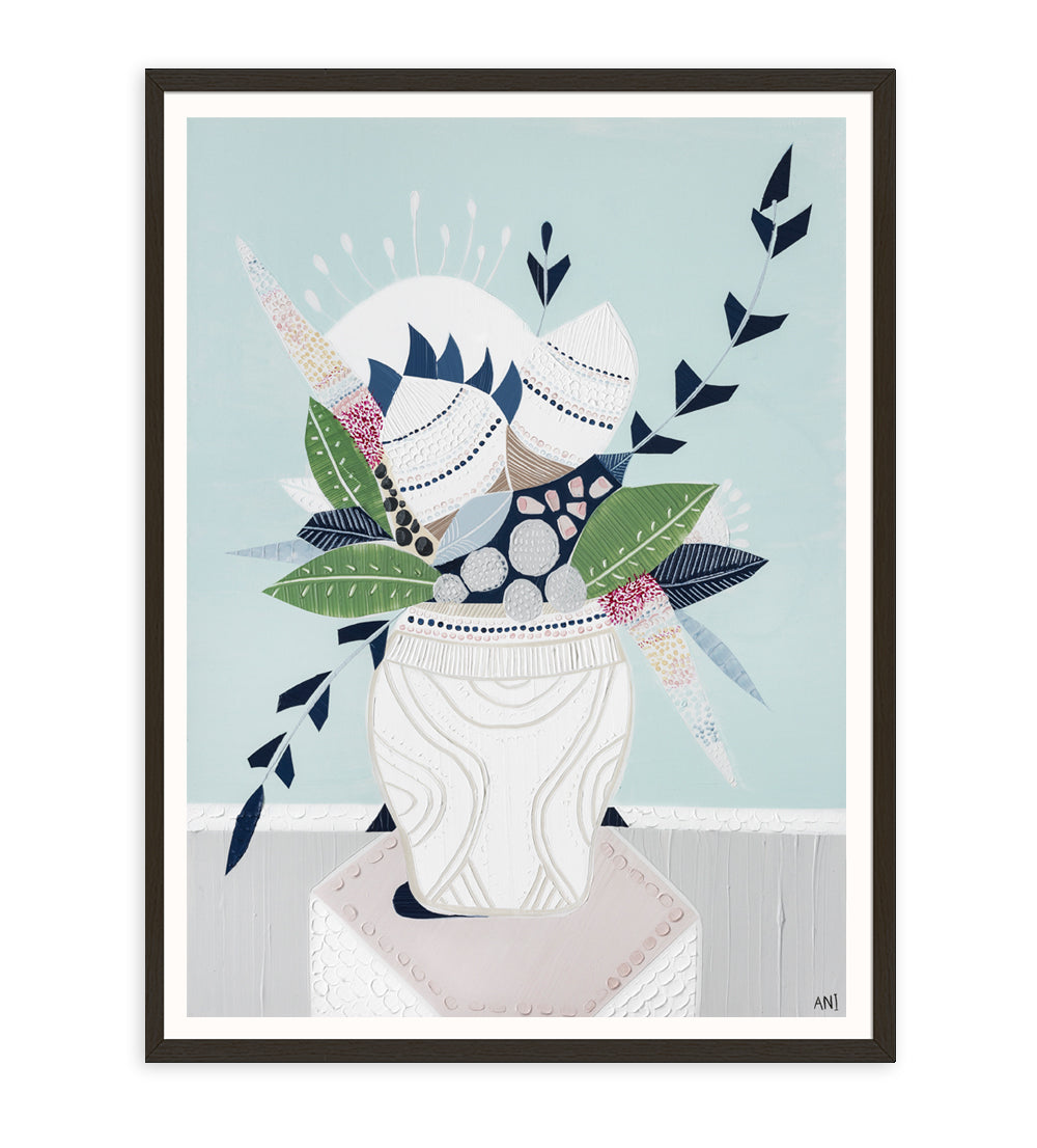 "Wild Banksia Bouquet" print by Australian artist Ani Ipradjian – abstract floral artwork featuring native Banksia flowers and modern coastal tones, ideal for botanical-themed interior decor.