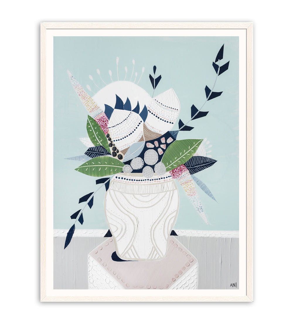 "Wild Banksia Bouquet" print by Australian artist Ani Ipradjian – abstract floral artwork featuring native Banksia flowers and modern coastal tones, ideal for botanical-themed interior decor.