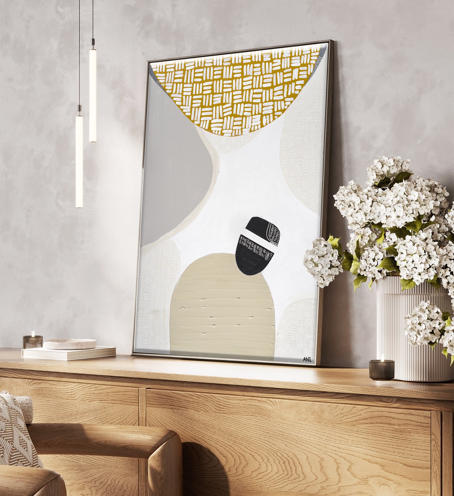 "Golden Outback 2" – Original abstract Australian landscape painting by Ani Ipradjian, featuring mustard and grey tones symbolising the outback, climate, and coastal wildlife, inspired by Australia’s rich natural and gold prospecting heritage.