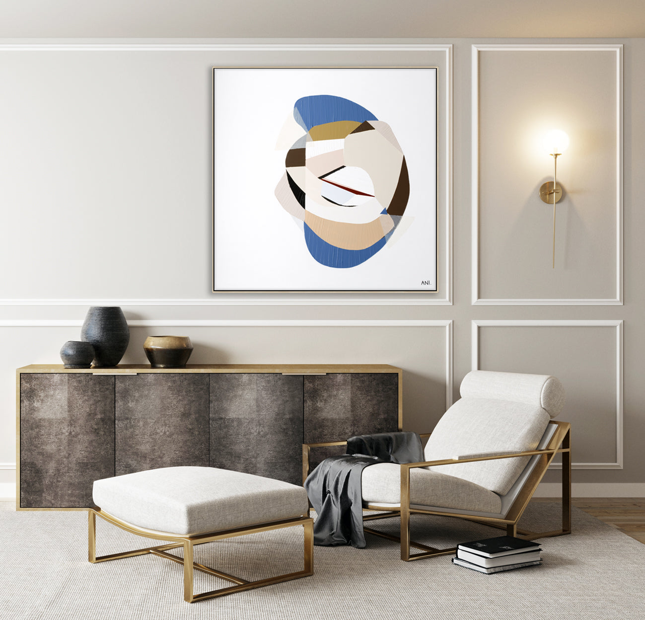 "Golden Sapphire 1" – Original abstract painting by Australian artist Ani Ipradjian, inspired by golden and blue sapphires, family legacy, and the elegance of gemstone colour palettes.