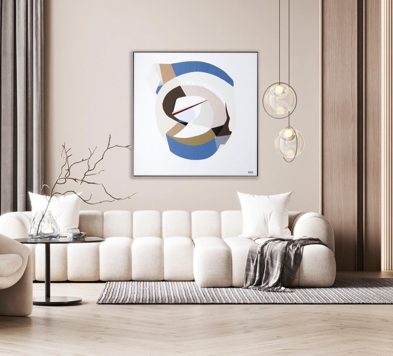 "Golden Sapphire 2" – Original abstract painting by Australian artist Ani Ipradjian, inspired by golden and blue sapphires, family legacy, and the elegance of gemstone colour palettes.