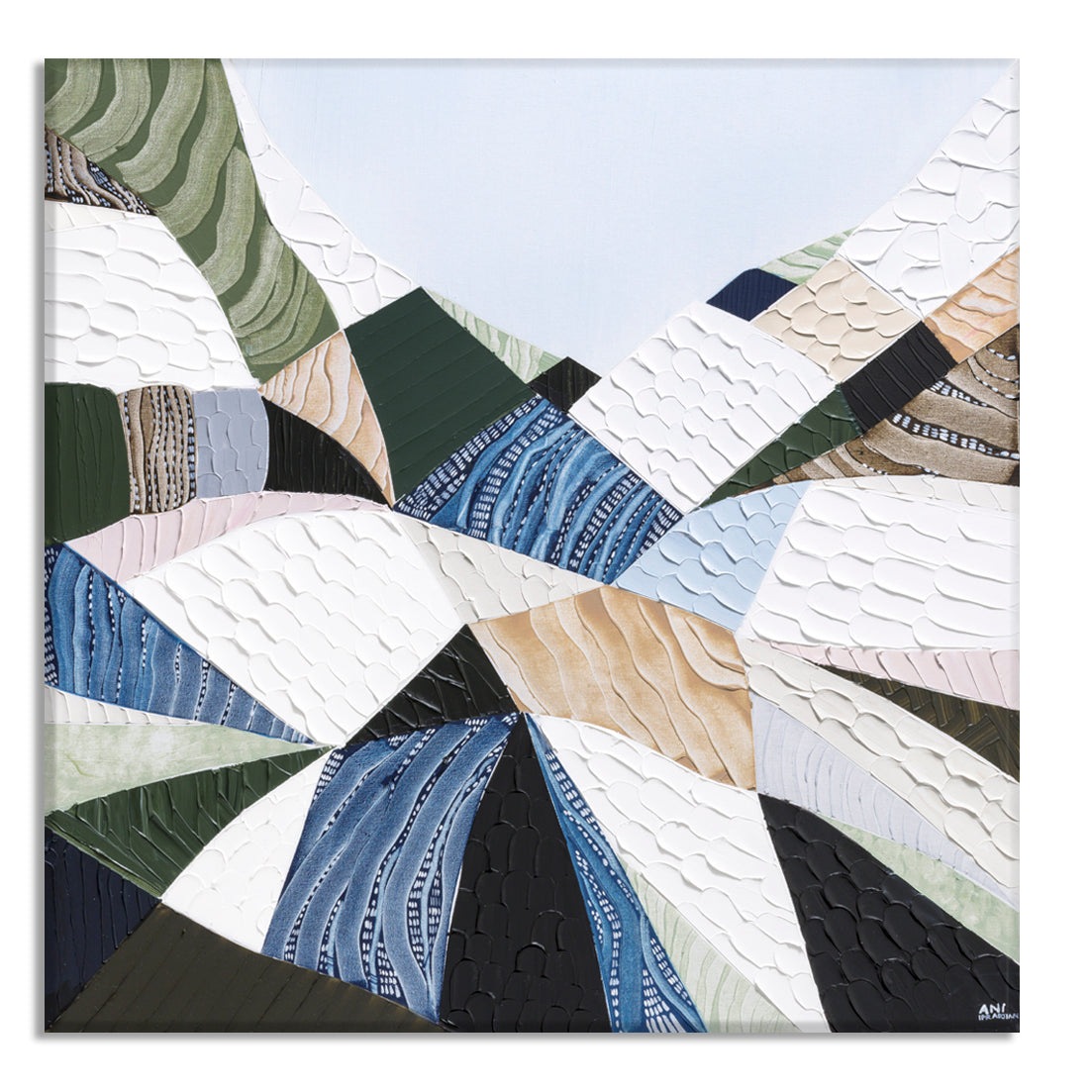 Great Dividing Plateau 13 original abstract Australian landscape painting by Melbourne-based Australian artist Ani Ipradjian, inspired by the Great Dividing Range with textured earthy browns, sage greens and native bushland tones, framed in Tasmanian Oak.