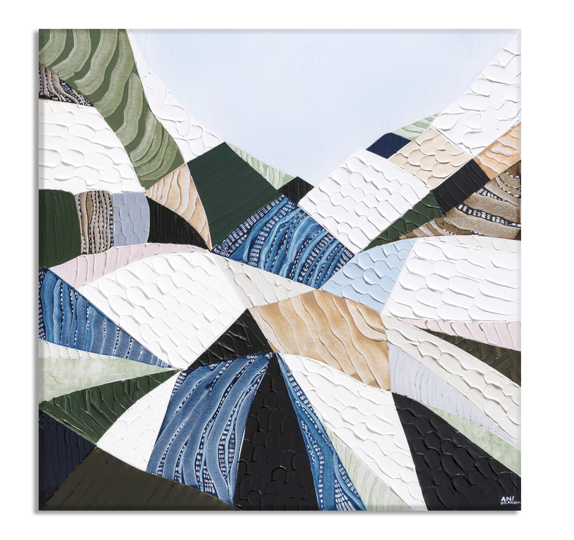 Great Dividing Plateau 13 original abstract Australian landscape painting by Melbourne-based Australian artist Ani Ipradjian, inspired by the Great Dividing Range with textured earthy browns, sage greens and native bushland tones, framed in Tasmanian Oak.