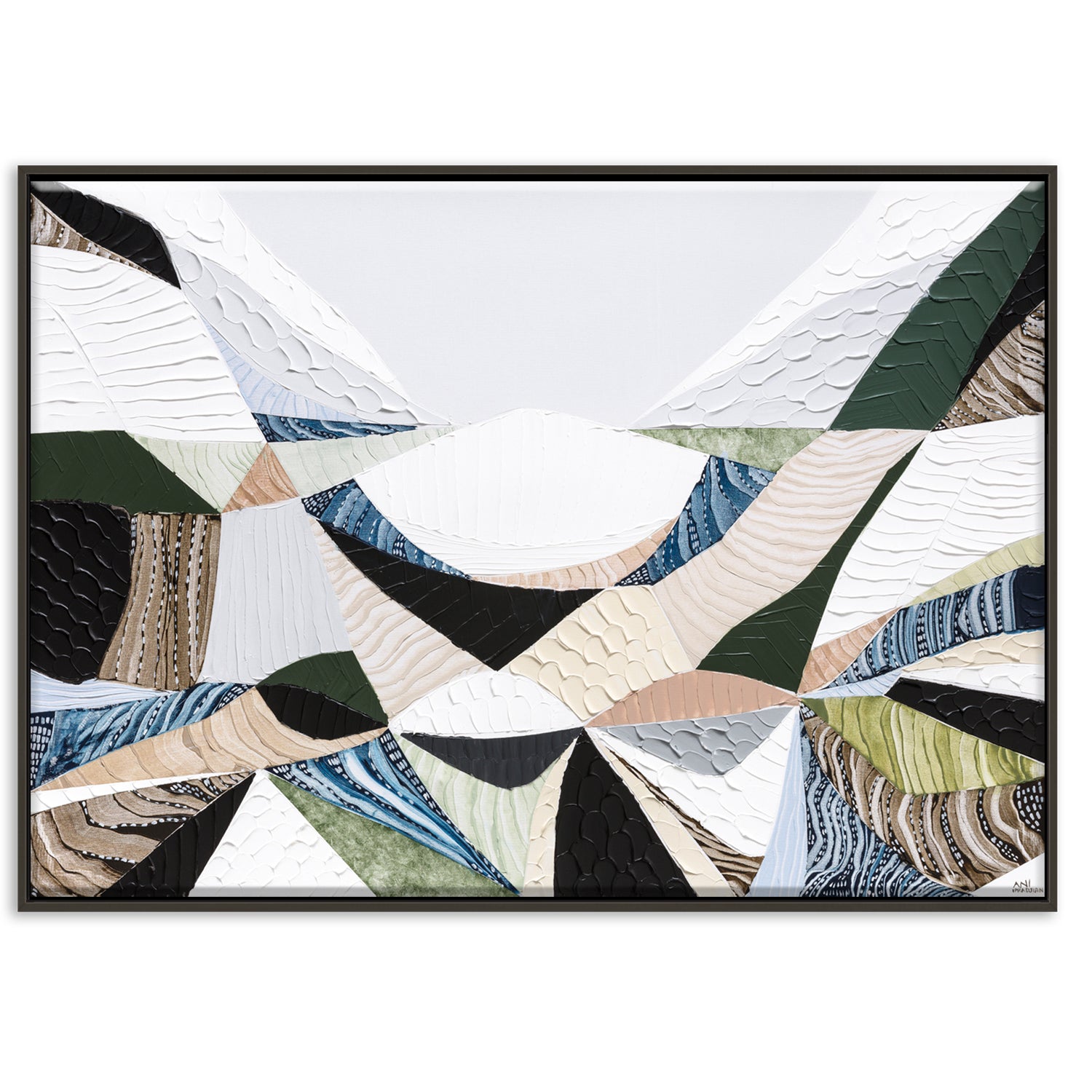 Contemporary Australian abstract art art painting and print inspired by Victorian bluestone (Olivine Basalt) by Melbourne artist Ani Ipradjian. Textured fine art print featuring earthy neutral colours, layered abstract forms and Australian volcanic stone inspiration. Ideal wall art for modern living rooms, dining rooms, offices and contemporary Australian interiors. Museum-quality print available framed in Tasmanian Oak, Black or White with free shipping Australia-wide.