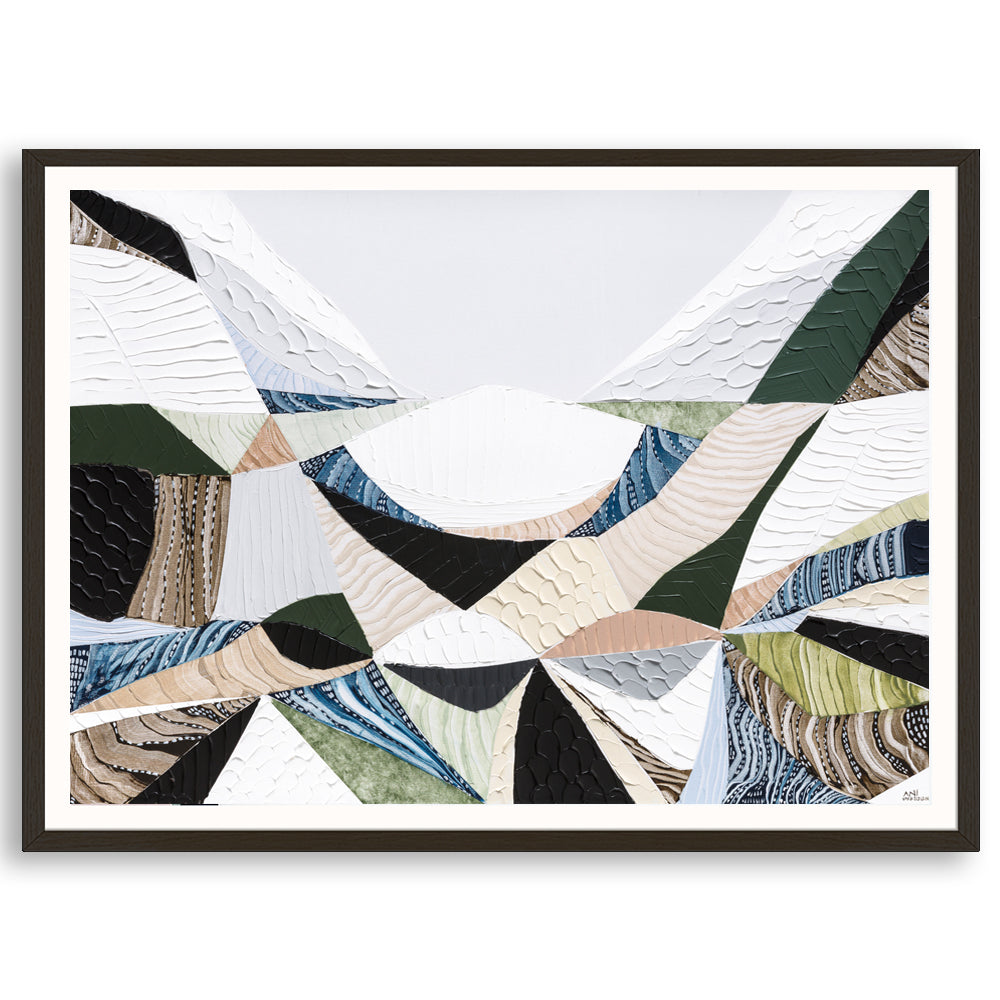 Contemporary Australian abstract art art painting and print inspired by Victorian bluestone (Olivine Basalt) by Melbourne artist Ani Ipradjian. Textured fine art print featuring earthy neutral colours, layered abstract forms and Australian volcanic stone inspiration. Ideal wall art for modern living rooms, dining rooms, offices and contemporary Australian interiors. Museum-quality print available framed in Tasmanian Oak, Black or White with free shipping Australia-wide.