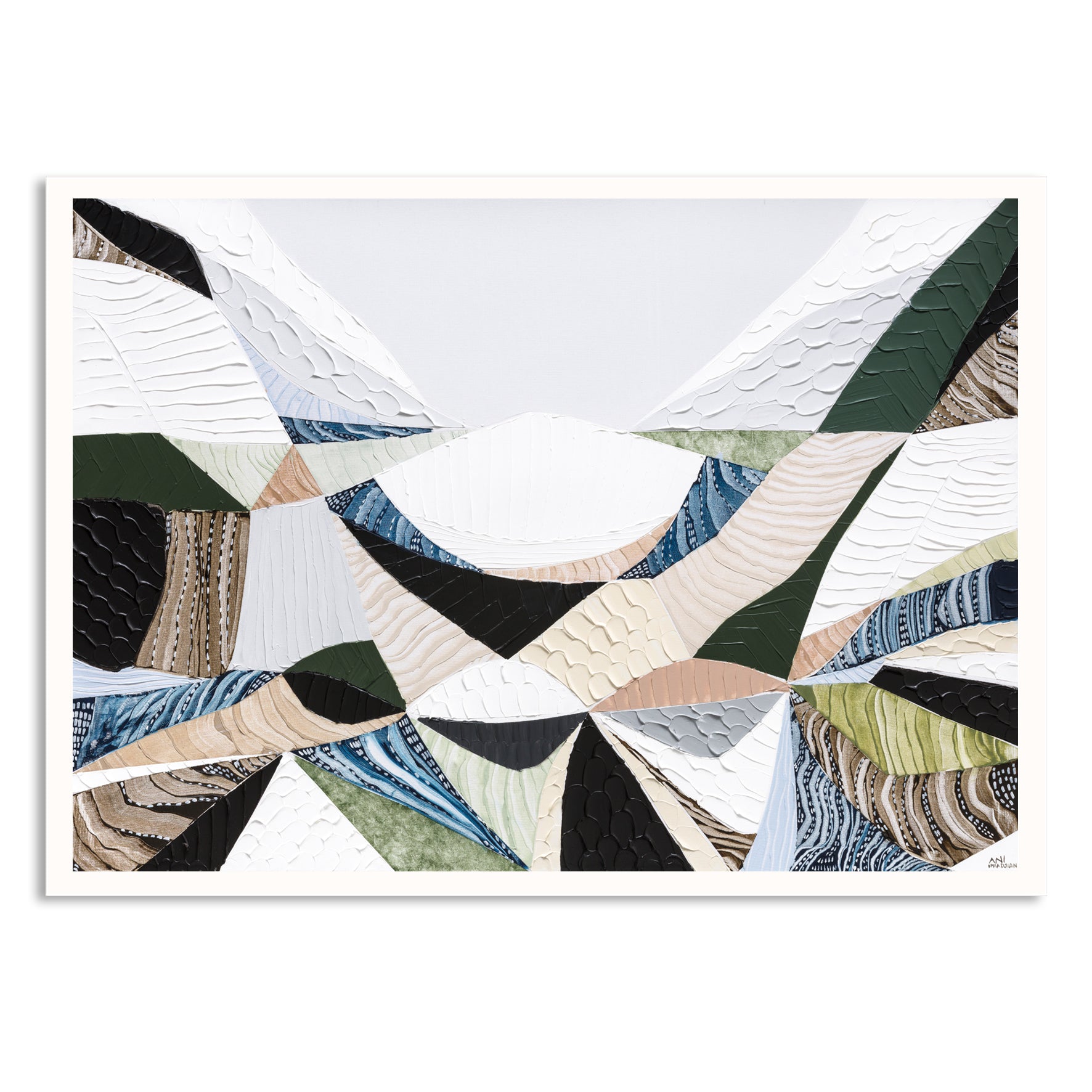 Contemporary Australian abstract art art painting and print inspired by Victorian bluestone (Olivine Basalt) by Melbourne artist Ani Ipradjian. Textured fine art print featuring earthy neutral colours, layered abstract forms and Australian volcanic stone inspiration. Ideal wall art for modern living rooms, dining rooms, offices and contemporary Australian interiors. Museum-quality print available framed in Tasmanian Oak, Black or White with free shipping Australia-wide.