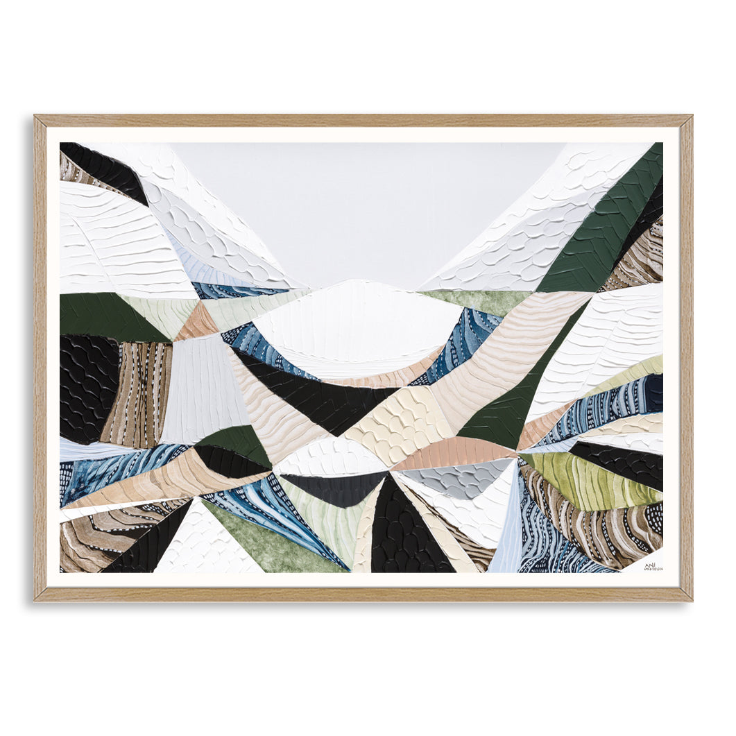 Contemporary Australian abstract art art painting and print inspired by Victorian bluestone (Olivine Basalt) by Melbourne artist Ani Ipradjian. Textured fine art print featuring earthy neutral colours, layered abstract forms and Australian volcanic stone inspiration. Ideal wall art for modern living rooms, dining rooms, offices and contemporary Australian interiors. Museum-quality print available framed in Tasmanian Oak, Black or White with free shipping Australia-wide.
