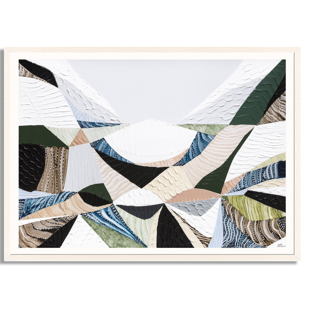 Contemporary Australian abstract art art painting and print inspired by Victorian bluestone (Olivine Basalt) by Melbourne artist Ani Ipradjian. Textured fine art print featuring earthy neutral colours, layered abstract forms and Australian volcanic stone inspiration. Ideal wall art for modern living rooms, dining rooms, offices and contemporary Australian interiors. Museum-quality print available framed in Tasmanian Oak, Black or White with free shipping Australia-wide.