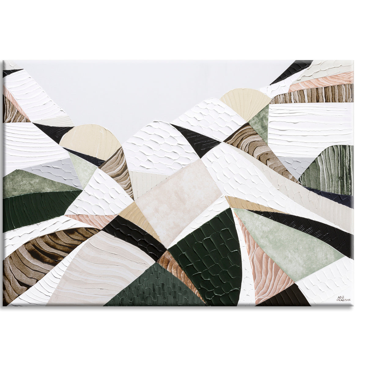 Great Dividing Mountain Ranges 3, original Australian abstract landscape painting by Melbourne artist Ani Ipradjian, featuring earthy browns, sage greens and rich textured native bushland. Contemporary acrylic and mixed media artwork on canvas, 134cm x 95cm, framed in Tasmanian Oak.