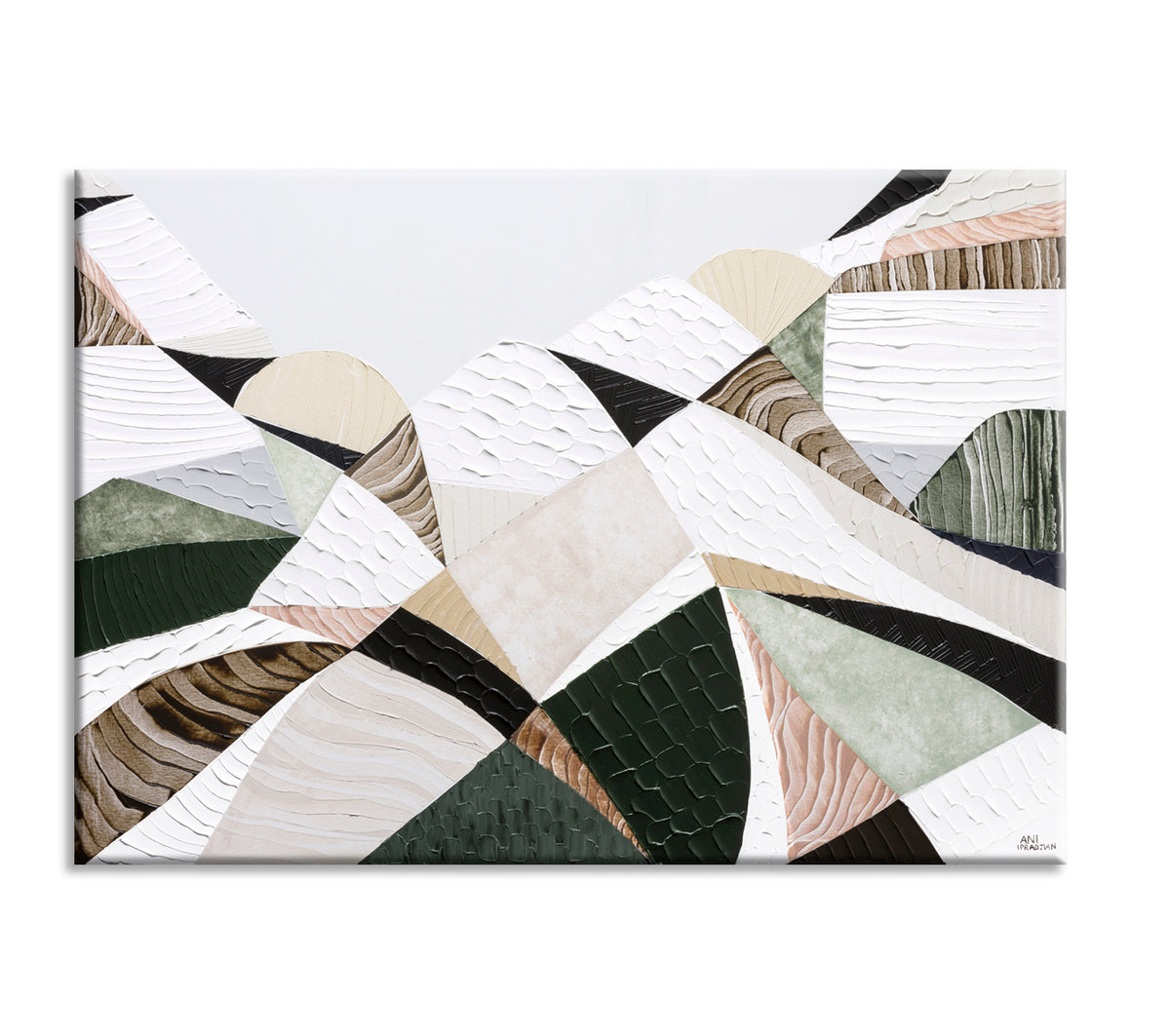 Great Dividing Mountain Ranges 3, original Australian abstract landscape painting by Melbourne artist Ani Ipradjian, featuring earthy browns, sage greens and rich textured native bushland. Contemporary acrylic and mixed media artwork on canvas, 134cm x 95cm, framed in Tasmanian Oak.