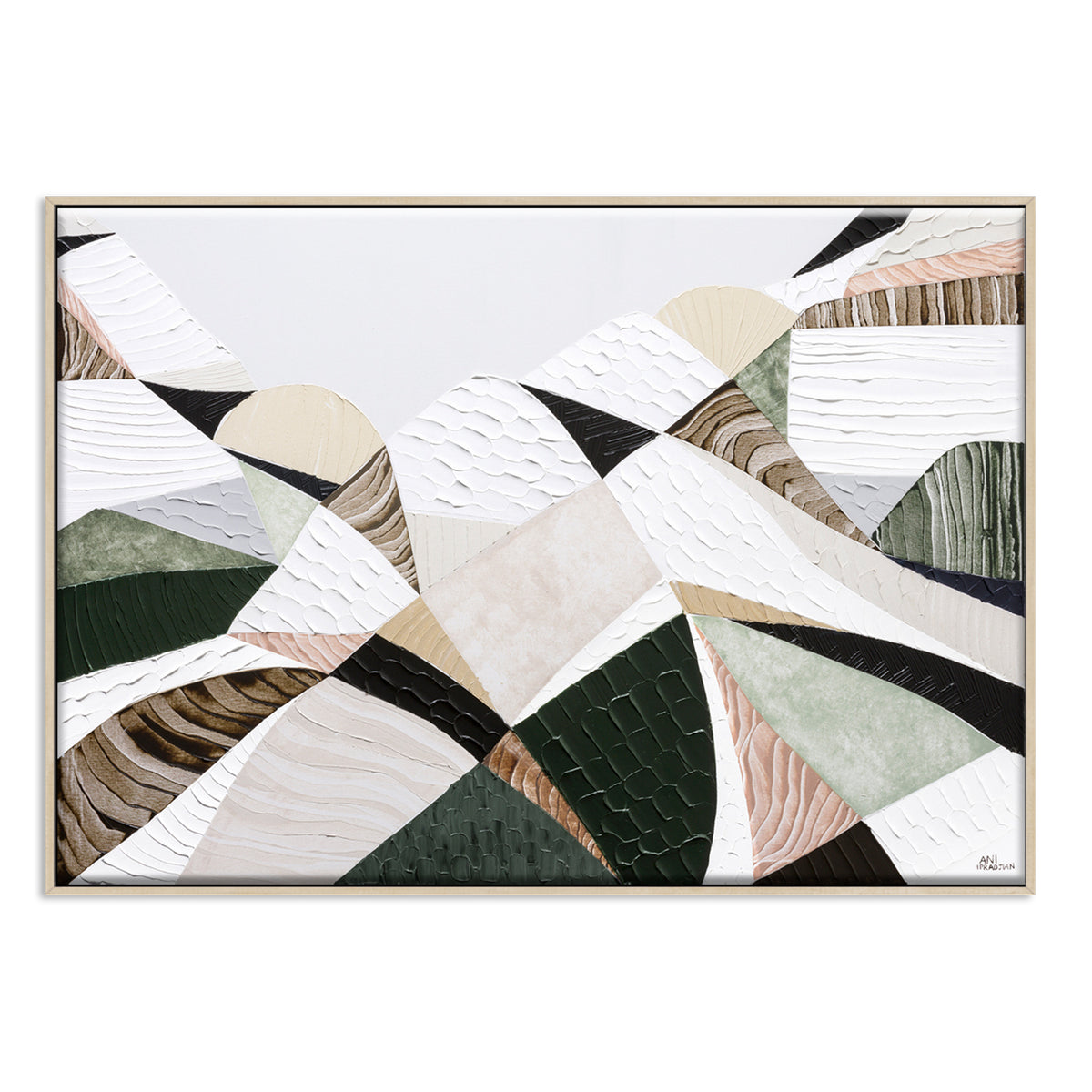 Great Dividing Mountain Ranges 3, original Australian abstract landscape painting by Melbourne artist Ani Ipradjian, featuring earthy browns, sage greens and rich textured native bushland. Contemporary acrylic and mixed media artwork on canvas, 134cm x 95cm, framed in Tasmanian Oak.