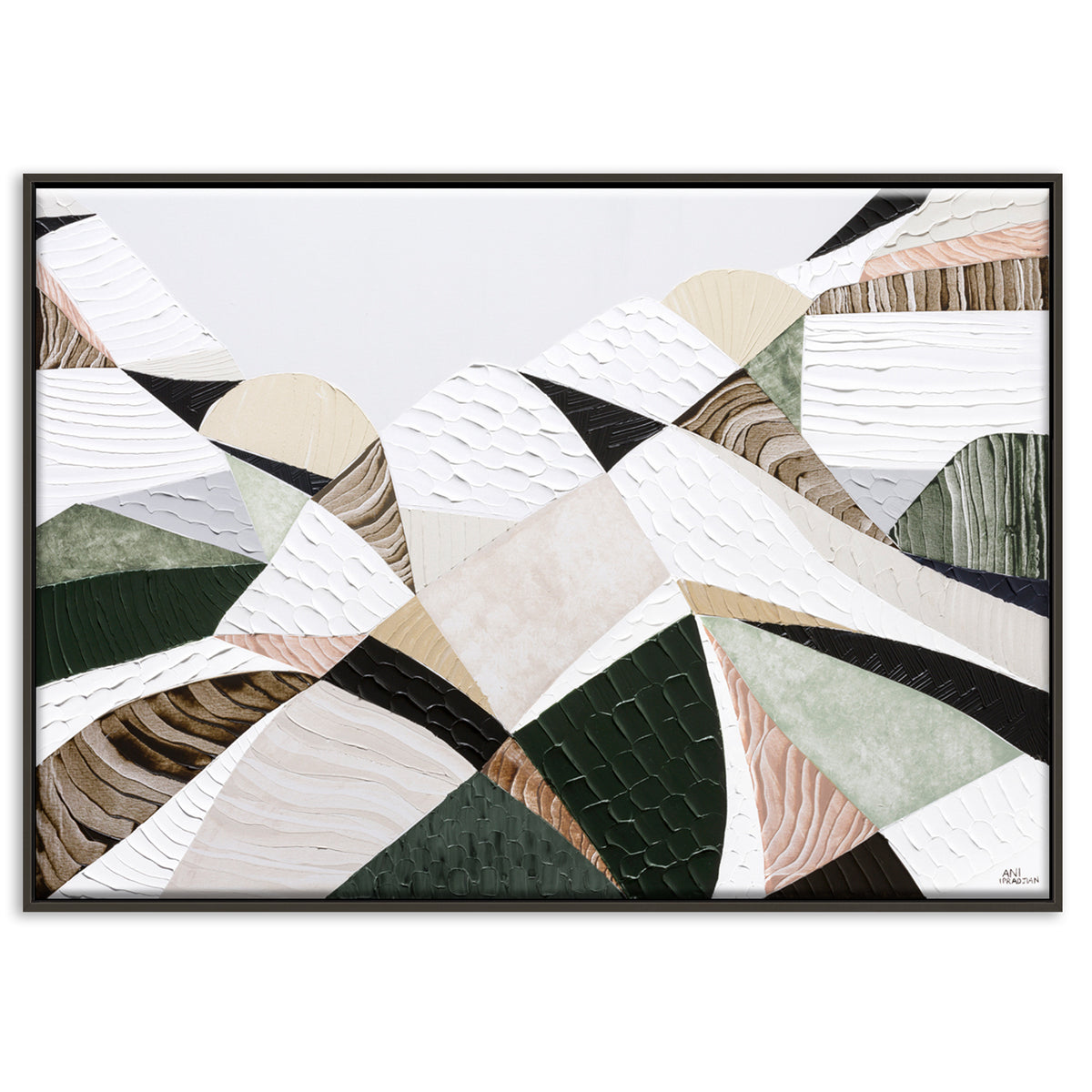 Great Dividing Mountain Ranges 3, original Australian abstract landscape painting by Melbourne artist Ani Ipradjian, featuring earthy browns, sage greens and rich textured native bushland. Contemporary acrylic and mixed media artwork on canvas, 134cm x 95cm, framed in Tasmanian Oak.