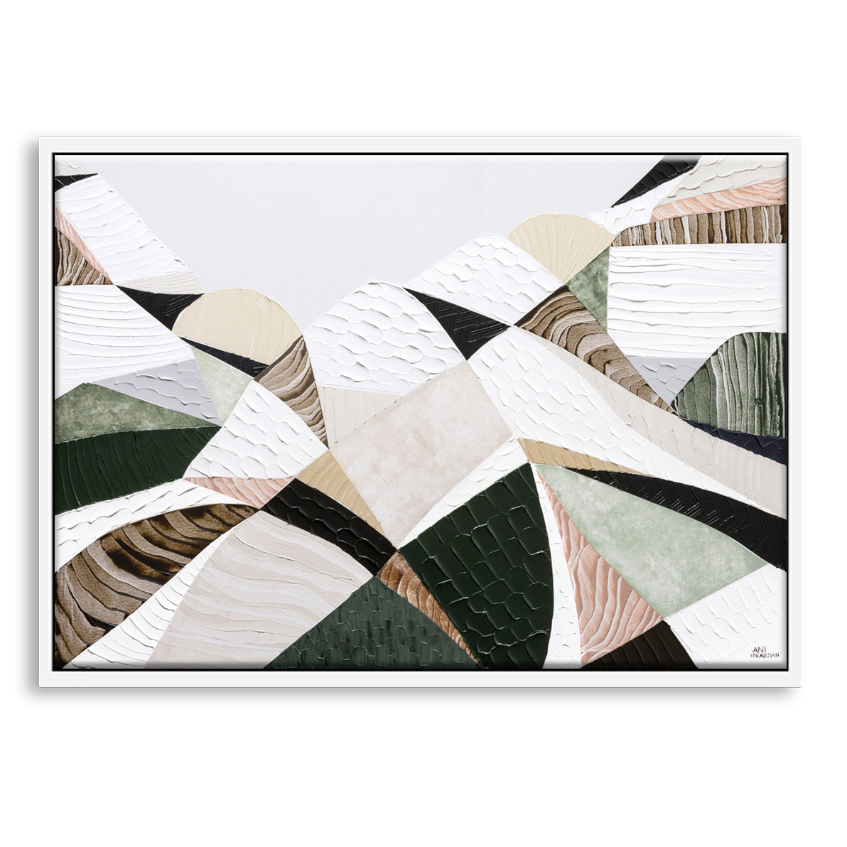 Great Dividing Mountain Ranges 3, original Australian abstract landscape painting by Melbourne artist Ani Ipradjian, featuring earthy browns, sage greens and rich textured native bushland. Contemporary acrylic and mixed media artwork on canvas, 134cm x 95cm, framed in Tasmanian Oak.