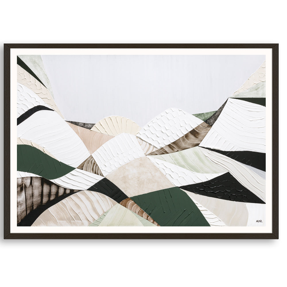 Great Dividing Range abstract landscape print Australian mountain wall art, modern textured artwork with earthy tones and green hues, scenic Australian bushland decor for home office interior design Australia