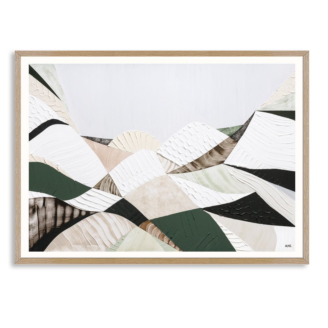 Great Dividing Range abstract landscape print Australian mountain wall art, modern textured artwork with earthy tones and green hues, scenic Australian bushland decor for home office interior design Australia