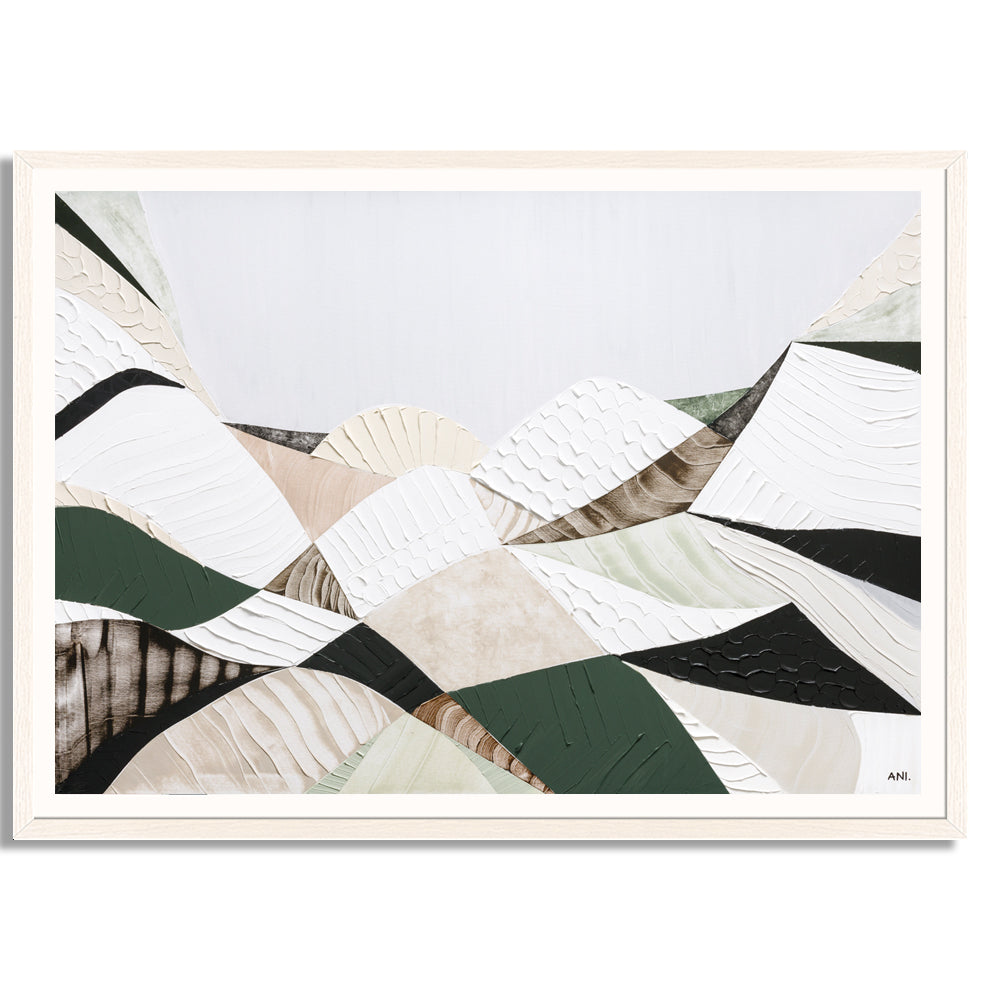 Great Dividing Range abstract landscape print Australian mountain wall art, modern textured artwork with earthy tones and green hues, scenic Australian bushland decor for home office interior design Australia
