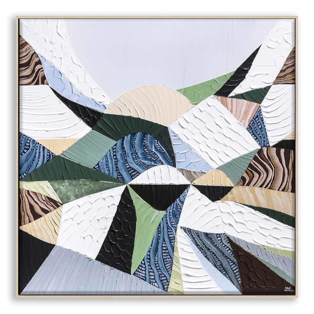 Great Dividing Plateau 11 original abstract Australian landscape painting by Melbourne-based Australian artist Ani Ipradjian, inspired by the Great Dividing Range with textured earthy browns, sage greens and native bushland tones, framed in Tasmanian Oak.