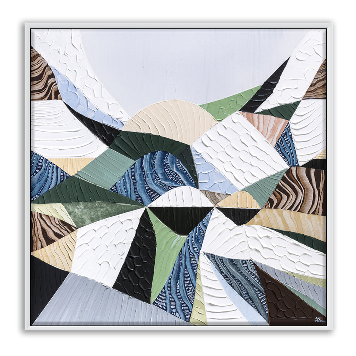 Great Dividing Plateau 11 original abstract Australian landscape painting by Melbourne-based Australian artist Ani Ipradjian, inspired by the Great Dividing Range with textured earthy browns, sage greens and native bushland tones, framed in Tasmanian Oak.