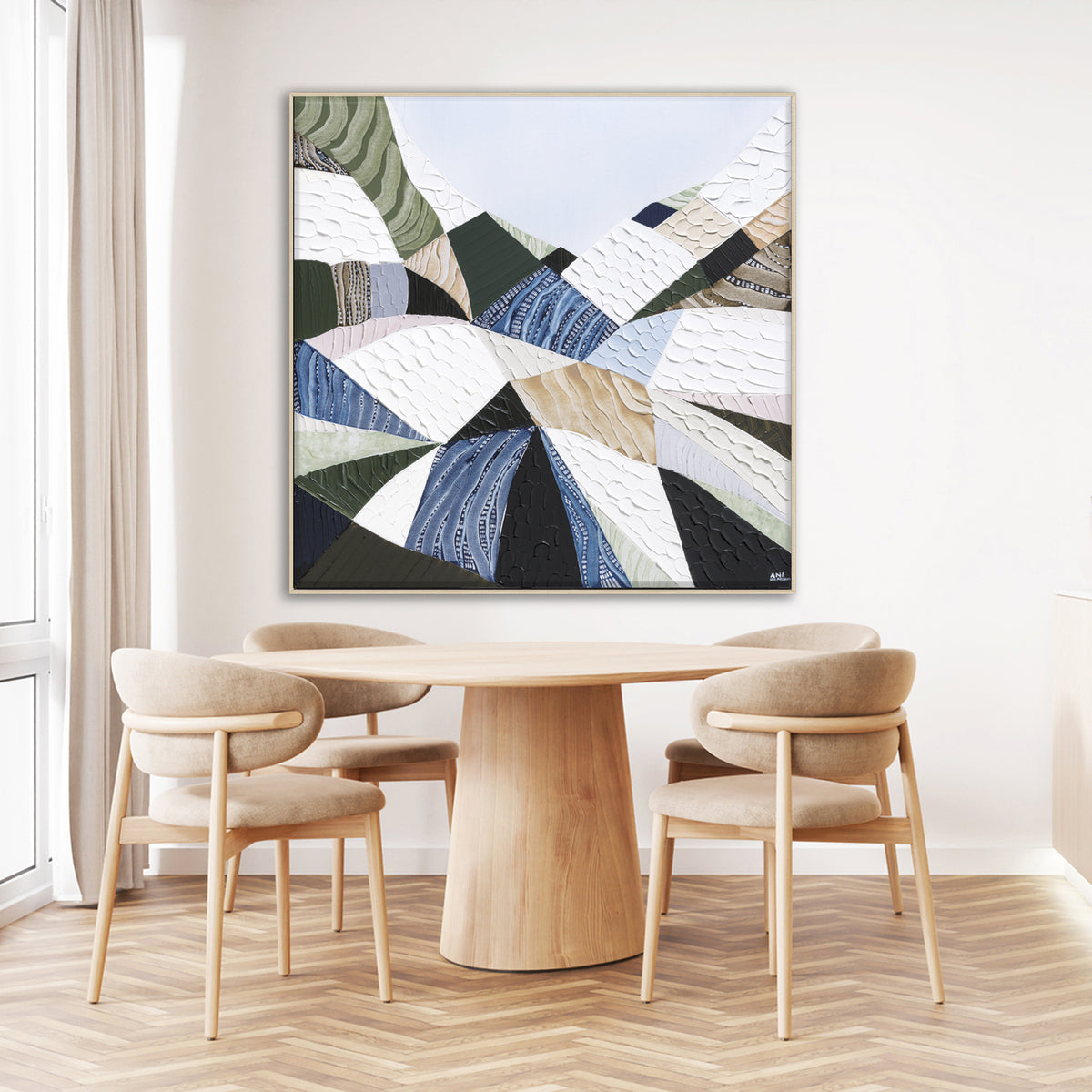 Great Dividing Plateau 13original abstract Australian landscape painting by Melbourne-based Australian artist Ani Ipradjian, inspired by the Great Dividing Range with textured earthy browns, sage greens and native bushland tones, framed in Tasmanian Oak.