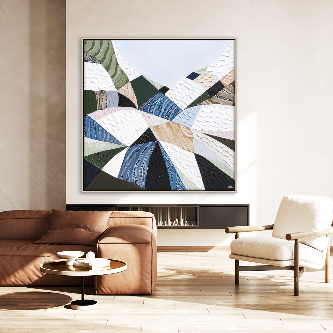 Great Dividing Plateau 11 original abstract Australian landscape painting by Melbourne-based Australian artist Ani Ipradjian, inspired by the Great Dividing Range with textured earthy browns, sage greens and native bushland tones, framed in Tasmanian Oak.