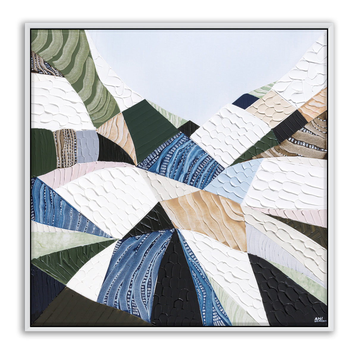 Great Dividing Plateau 13 original abstract Australian landscape painting by Melbourne-based Australian artist Ani Ipradjian, inspired by the Great Dividing Range with textured earthy browns, sage greens and native bushland tones, framed in Tasmanian Oak.