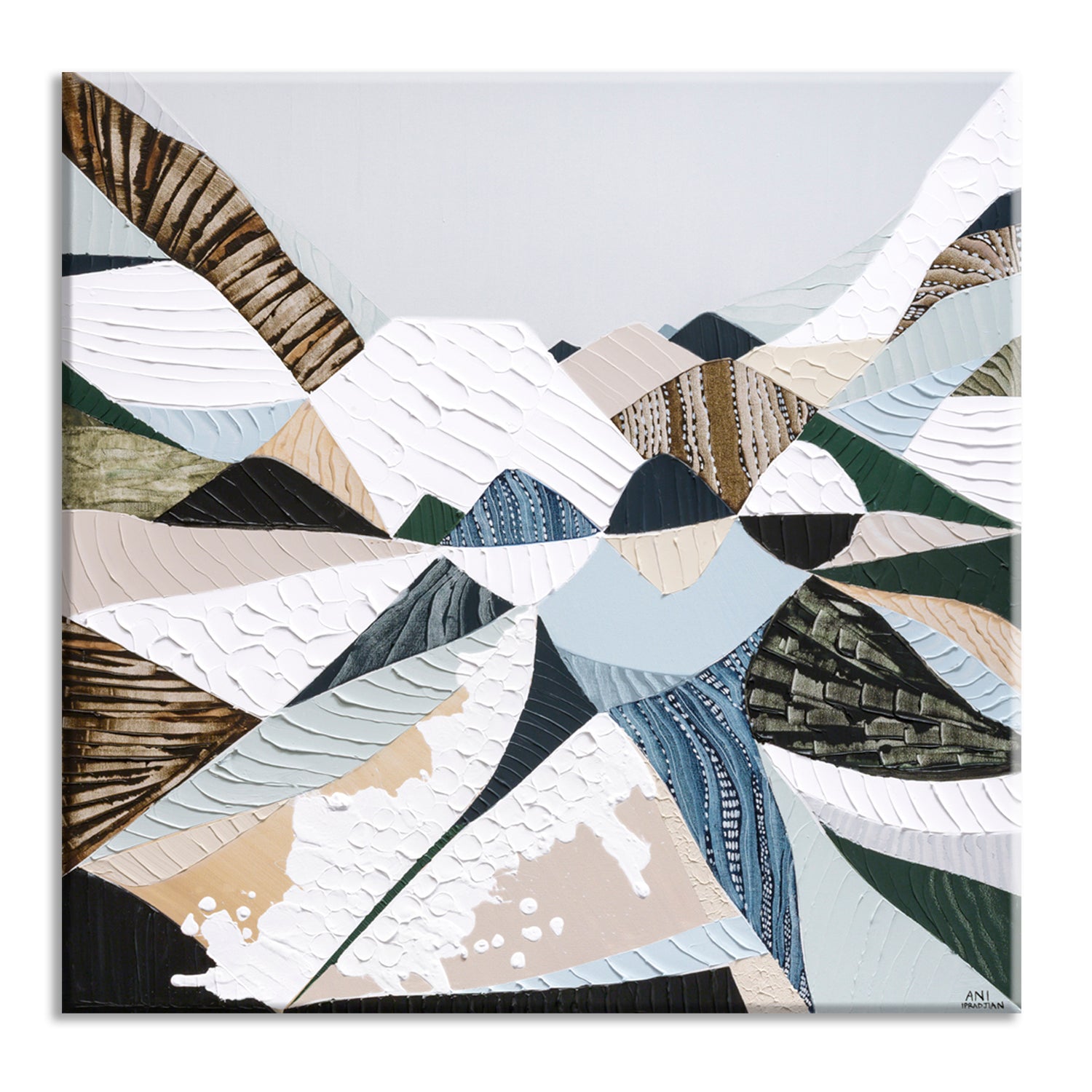 Great Dividing Plateau 14 Australian abstract mountain landscape painting and art print by Melbourne-based, Australian-based artist Ani Ipradjian, inspired by the Great Dividing Range, featuring earthy browns, sage greens, rich textures and native Australian bushland.