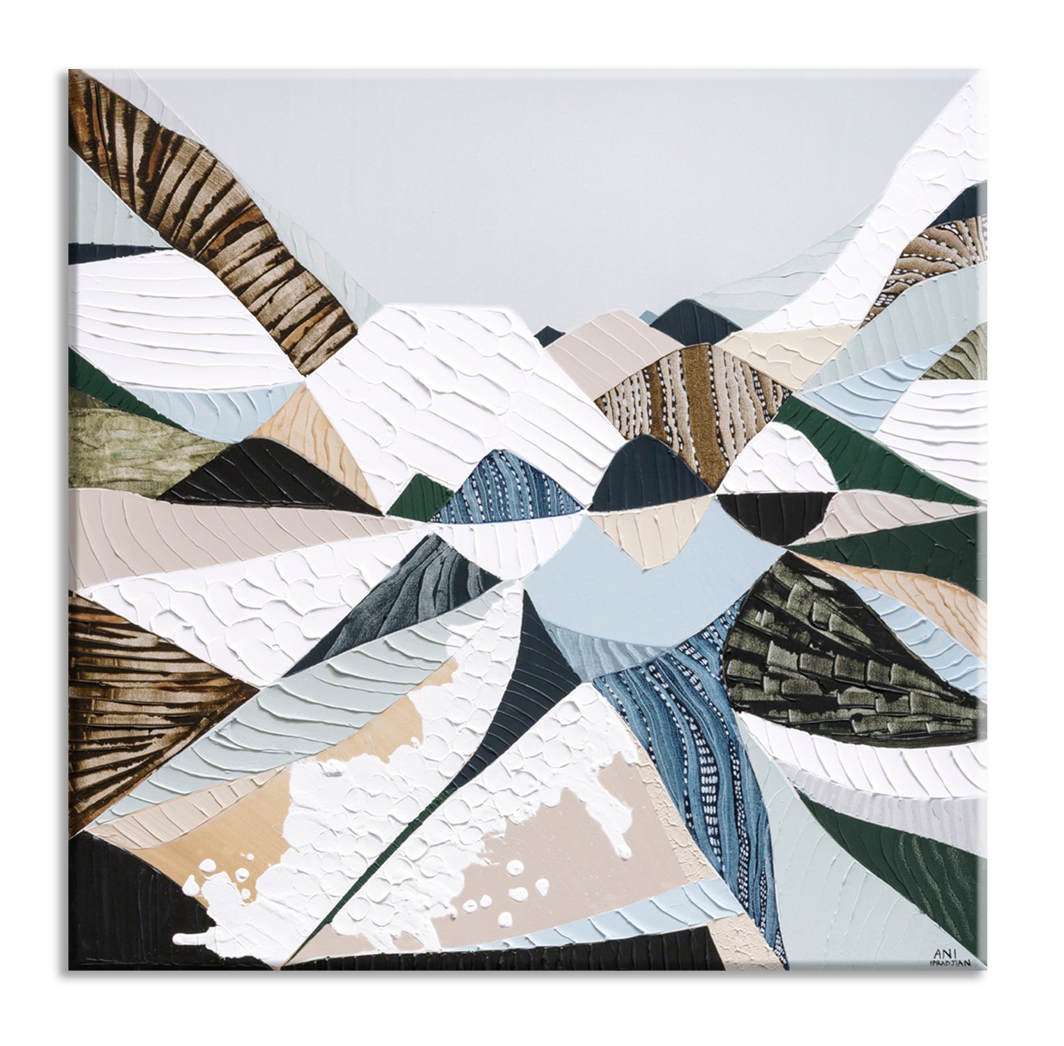 Great Dividing Plateau 14 Australian abstract mountain landscape painting and art print by Melbourne-based, Australian-based artist Ani Ipradjian, inspired by the Great Dividing Range, featuring earthy browns, sage greens, rich textures and native Australian bushland.