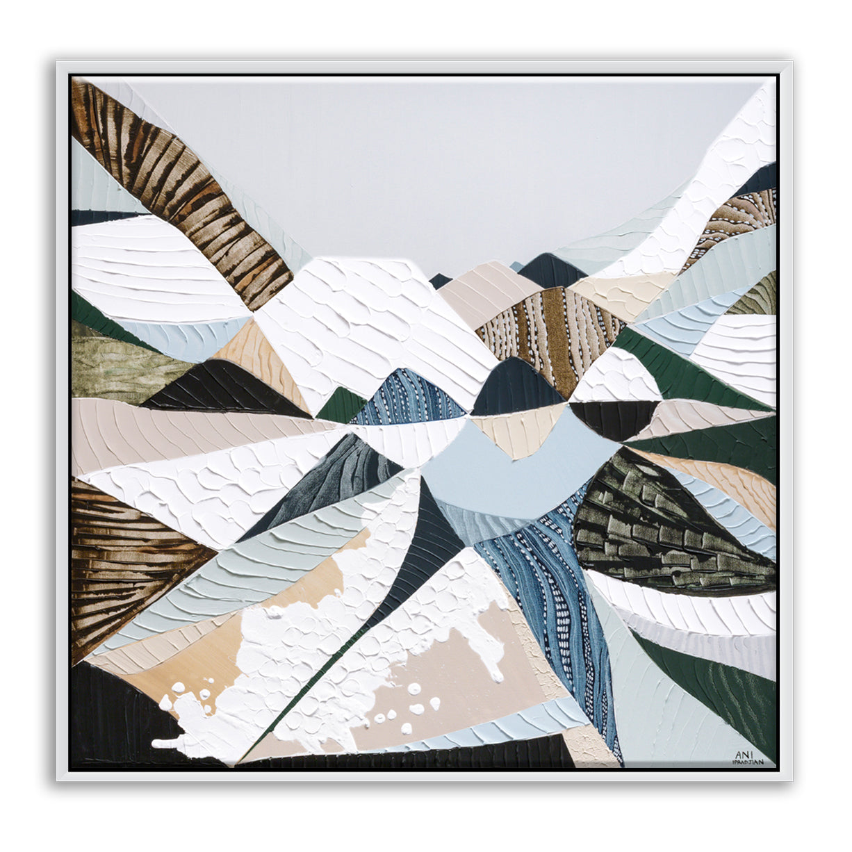 Great Dividing Plateau 14 Australian abstract mountain landscape painting and art print by Melbourne-based, Australian-based artist Ani Ipradjian, inspired by the Great Dividing Range, featuring earthy browns, sage greens, rich textures and native Australian bushland.