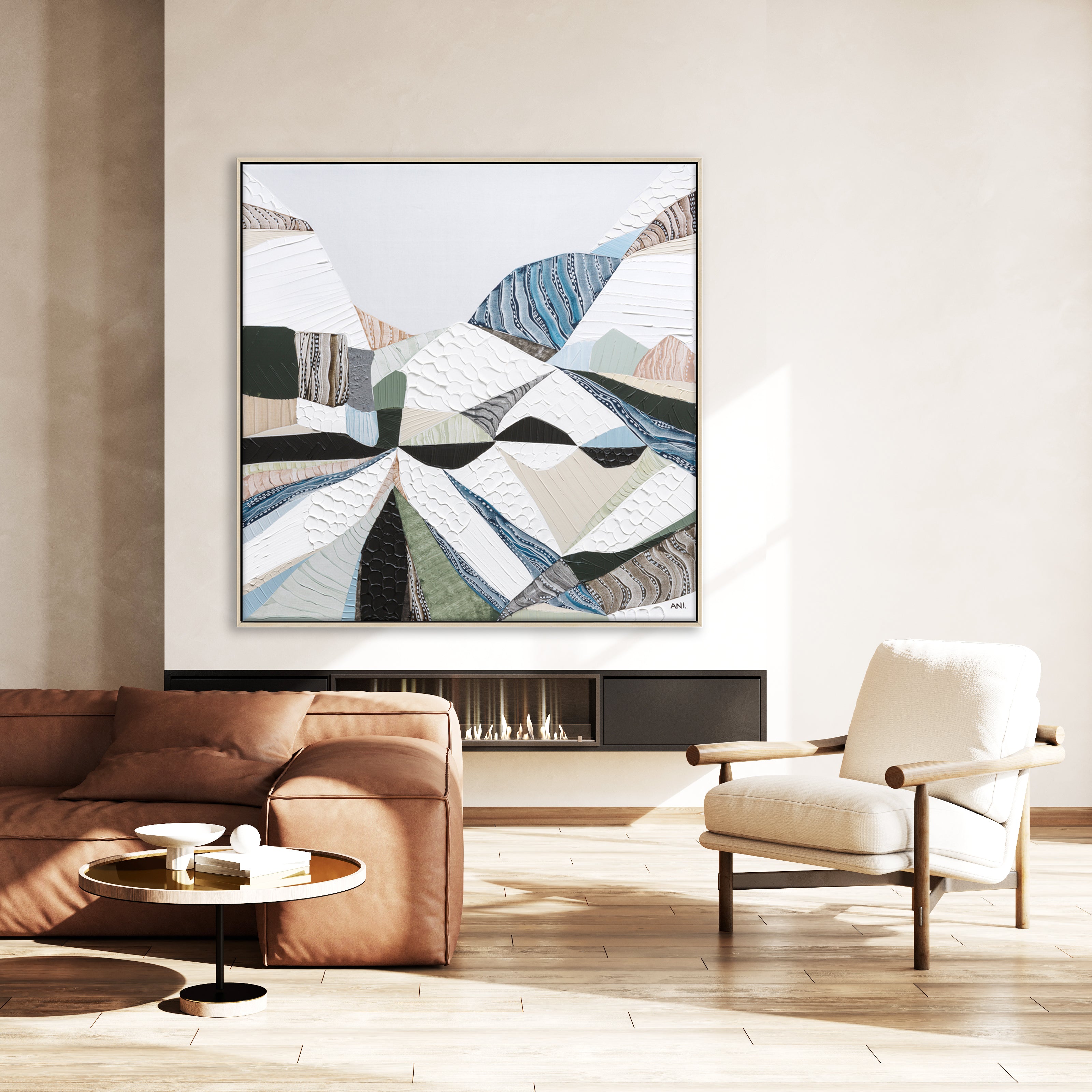 Great Dividing Plateau 6 abstract Australian mountain landscape painting by Melbourne artist Ani Ipradjian, inspired by the Great Dividing Range across Queensland, New South Wales, and Victoria, featuring earthy tones, sage greens, and rich textured layers, contemporary Australian wall art for collectors and interior designers worldwide