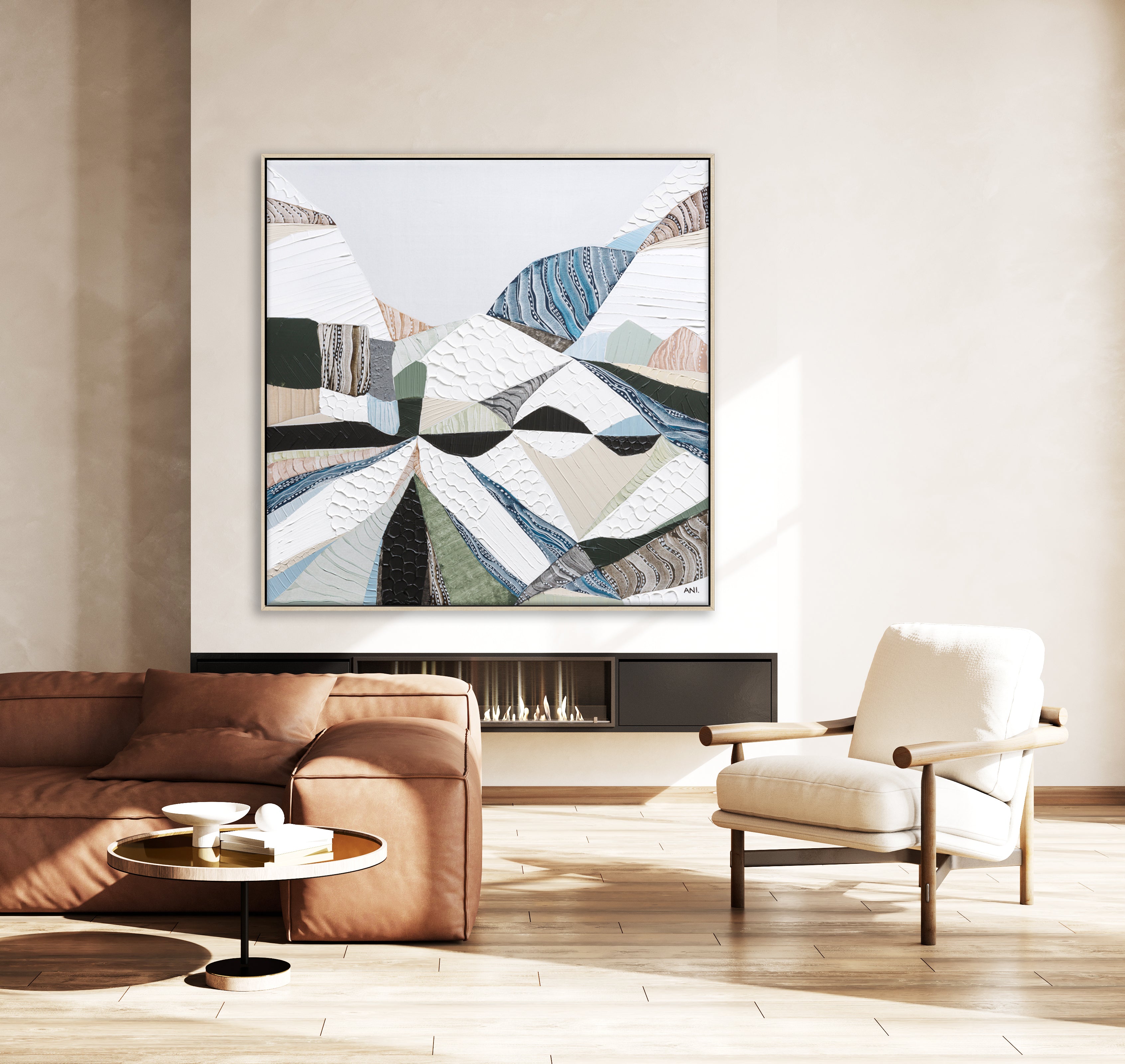 Great Dividing Plateau 6 abstract Australian mountain landscape painting by Melbourne artist Ani Ipradjian, inspired by the Great Dividing Range across Queensland, New South Wales, and Victoria, featuring earthy tones, sage greens, and rich textured layers, contemporary Australian wall art for collectors and interior designers worldwide