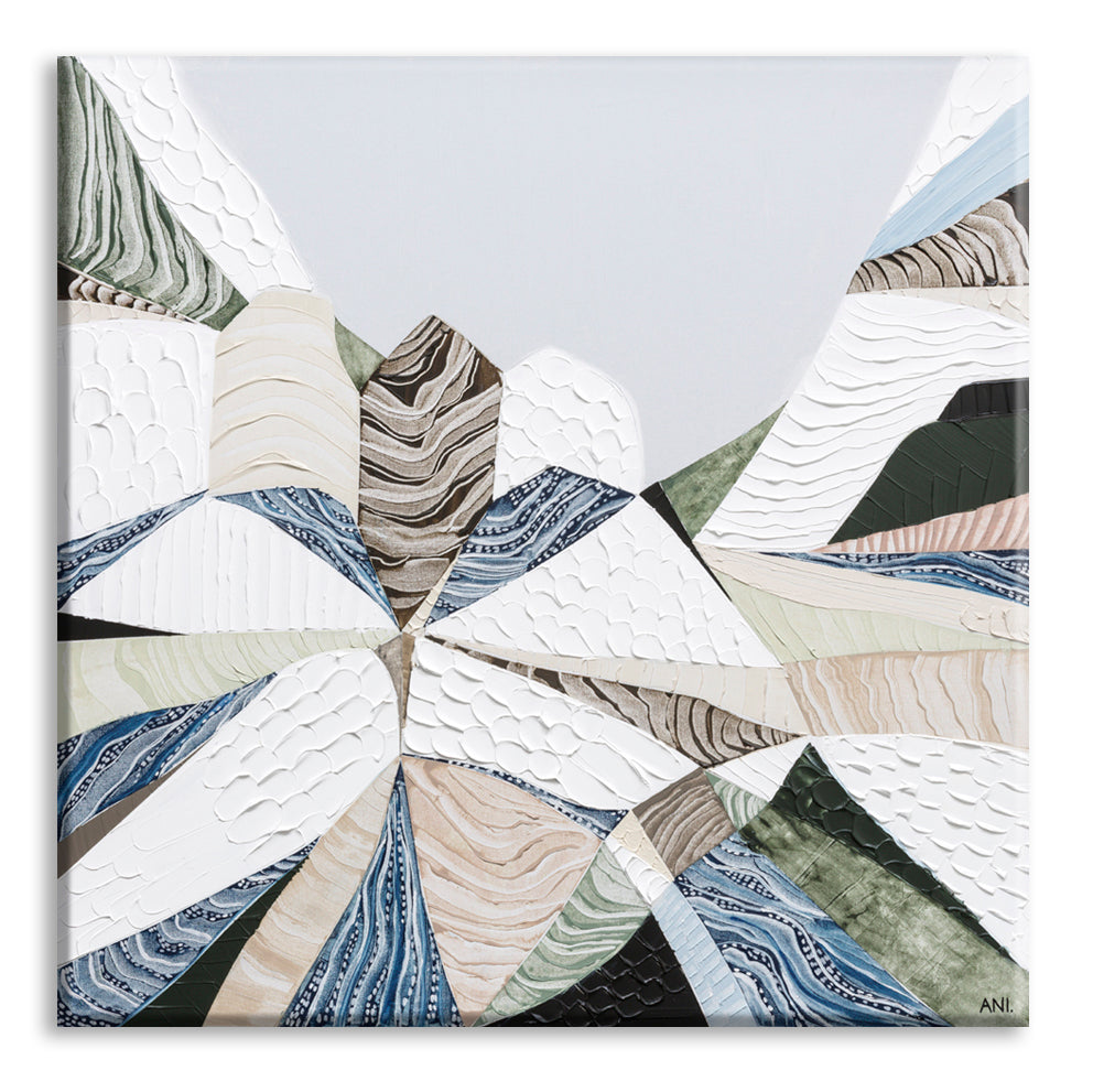 Great Dividing Plateau 7 abstract Australian mountain landscape painting by Melbourne artist Ani Ipradjian, Australian artist inspired by the Great Dividing Range across Queensland, New South Wales, and Victoria, featuring earthy tones, sage greens, and rich textured layers, contemporary Australian wall art for collectors and interior designers worldwide