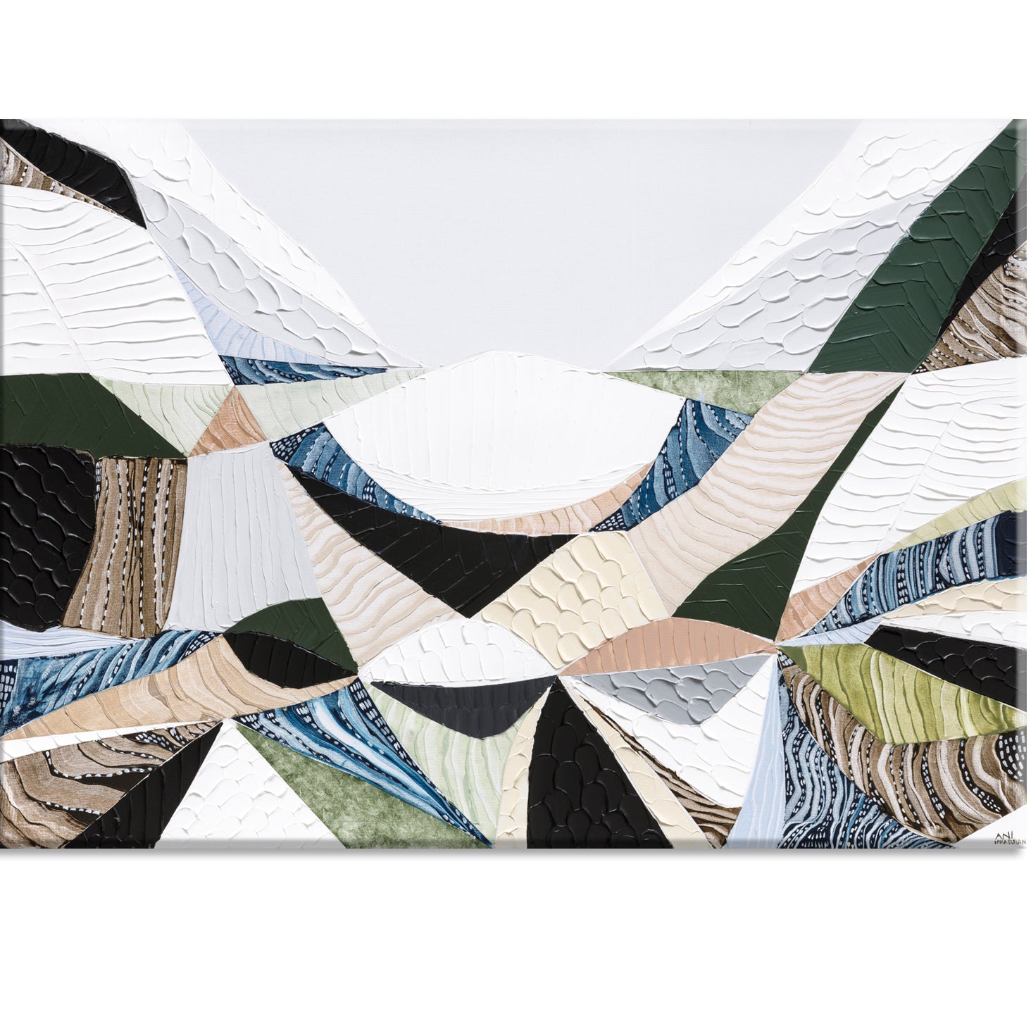 Contemporary Australian abstract art art painting and print inspired by Victorian bluestone (Olivine Basalt) by Melbourne artist Ani Ipradjian. Textured fine art print featuring earthy neutral colours, layered abstract forms and Australian volcanic stone inspiration. Ideal wall art for modern living rooms, dining rooms, offices and contemporary Australian interiors. Museum-quality print available framed in Tasmanian Oak, Black or White with free shipping Australia-wide.