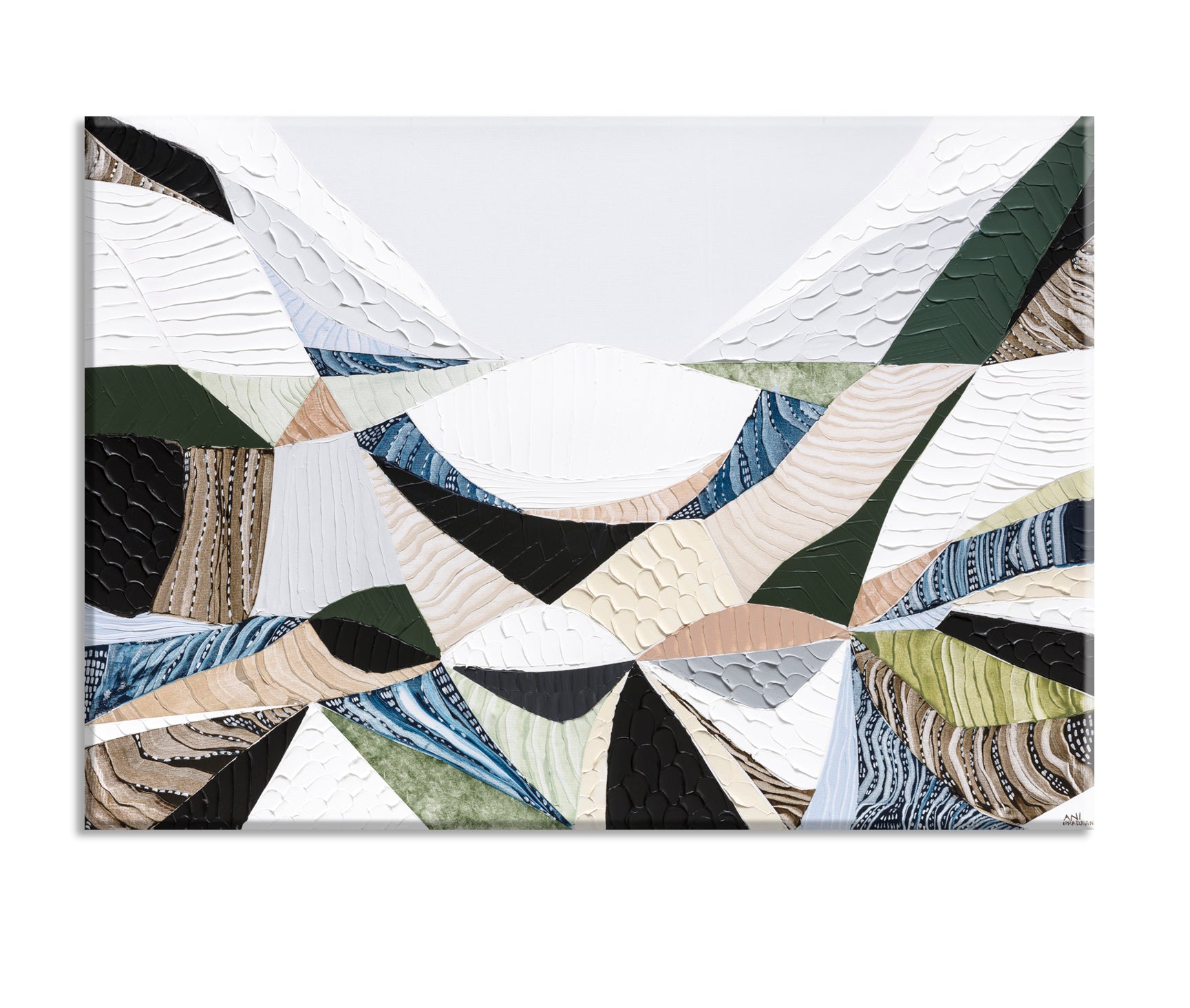 Contemporary Australian abstract art art painting and print inspired by Victorian bluestone (Olivine Basalt) by Melbourne artist Ani Ipradjian. Textured fine art print featuring earthy neutral colours, layered abstract forms and Australian volcanic stone inspiration. Ideal wall art for modern living rooms, dining rooms, offices and contemporary Australian interiors. Museum-quality print available framed in Tasmanian Oak, Black or White with free shipping Australia-wide.
