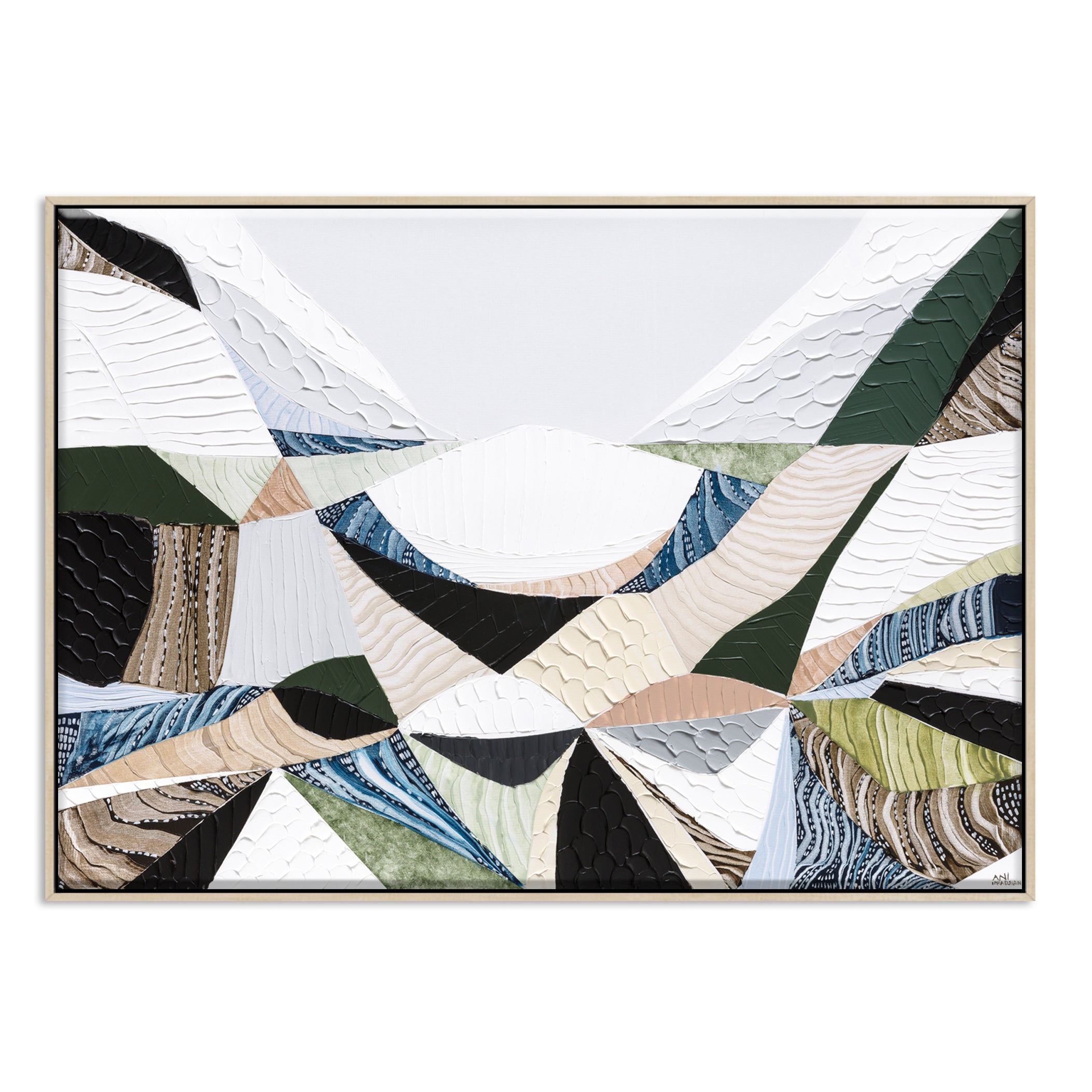 Contemporary Australian abstract art print inspired by Victorian bluestone (Olivine Basalt) by Melbourne artist Ani Ipradjian. Textured fine art print featuring earthy neutral colours, layered abstract forms and Australian volcanic stone inspiration. Ideal wall art for modern living rooms, dining rooms, offices and contemporary Australian interiors. Museum-quality print available framed in Tasmanian Oak, Black or White with free shipping Australia-wide.