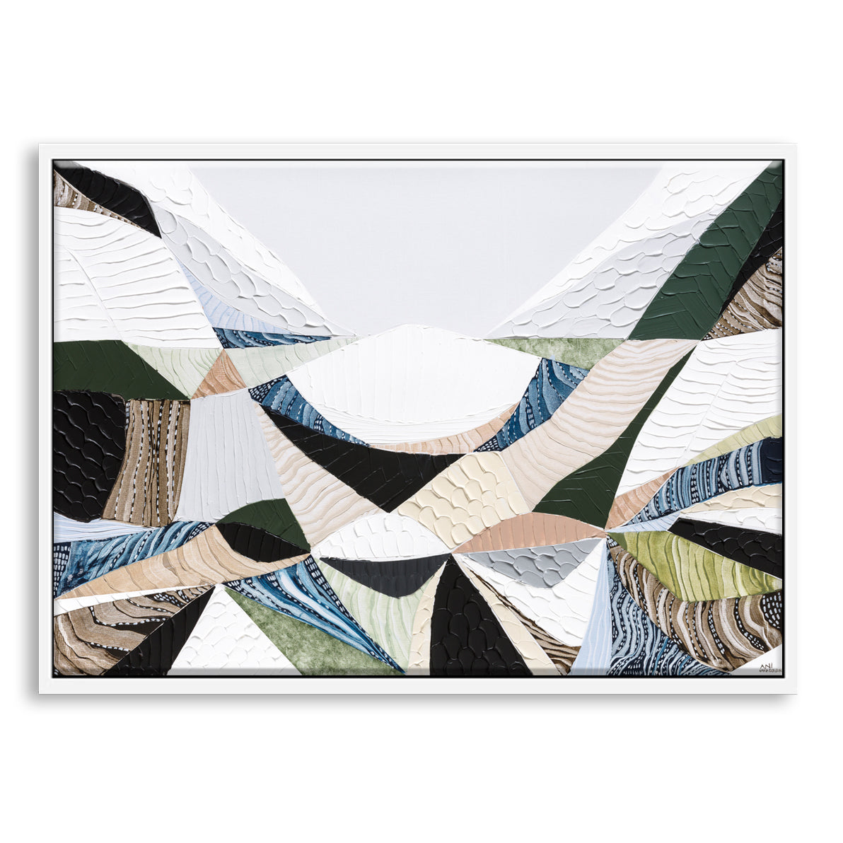 Contemporary Australian abstract art art painting and print inspired by Victorian bluestone (Olivine Basalt) by Melbourne artist Ani Ipradjian. Textured fine art print featuring earthy neutral colours, layered abstract forms and Australian volcanic stone inspiration. Ideal wall art for modern living rooms, dining rooms, offices and contemporary Australian interiors. Museum-quality print available framed in Tasmanian Oak, Black or White with free shipping Australia-wide.