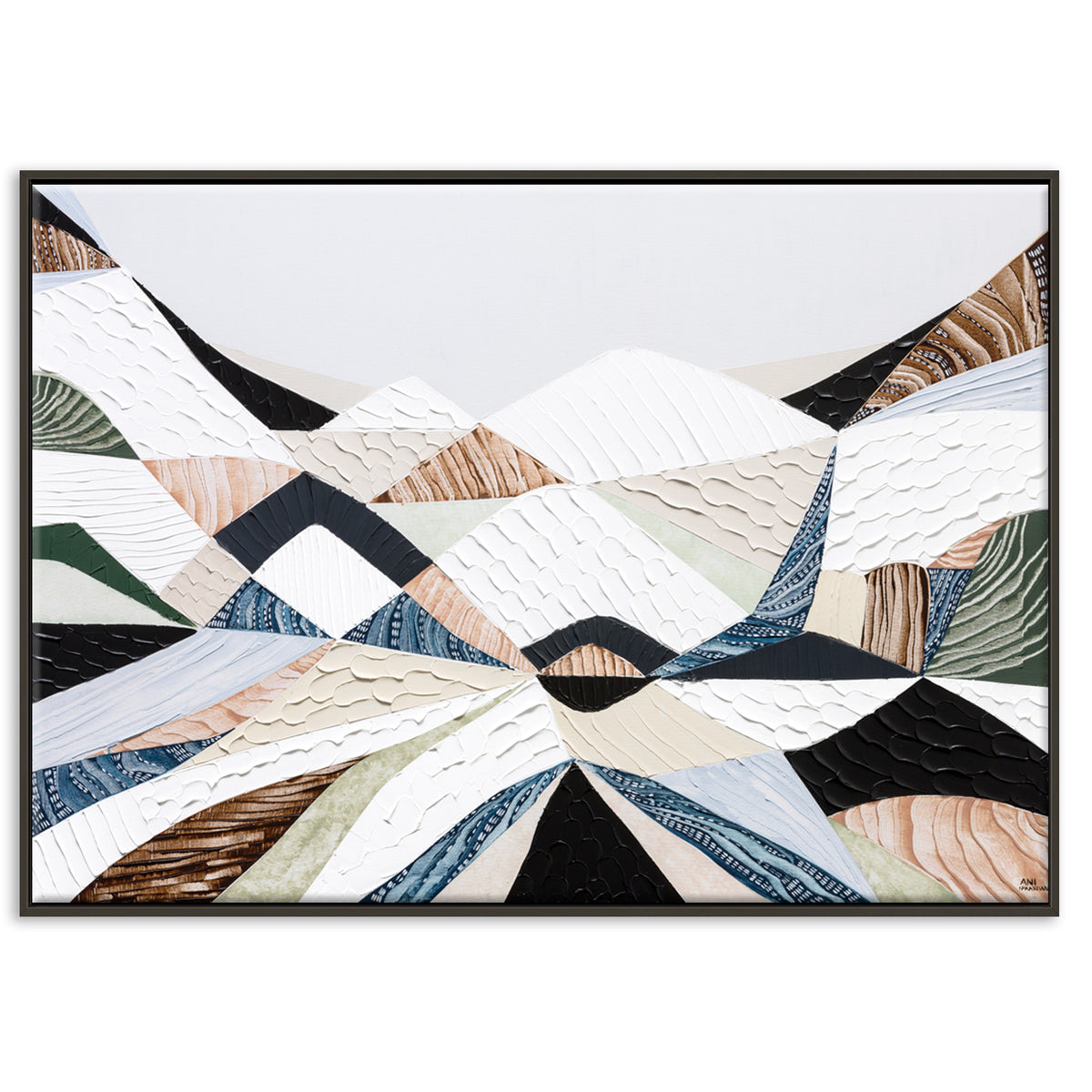 Great Dividing Ranges original Australian mountain landscape painting by Melbourne-based Australian artist Ani Ipradjian, textured acrylic and mixed media canvas artwork in earthy browns and sage greens, framed in Tasmanian Oak, with Australian wall art, canvas prints and giclée fine art prints available.
