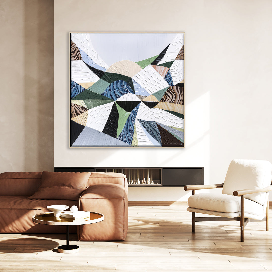 Great Dividing Plateau 11 original abstract Australian landscape painting by Melbourne-based Australian artist Ani Ipradjian, inspired by the Great Dividing Range with textured earthy browns, sage greens and native bushland tones, framed in Tasmanian Oak.