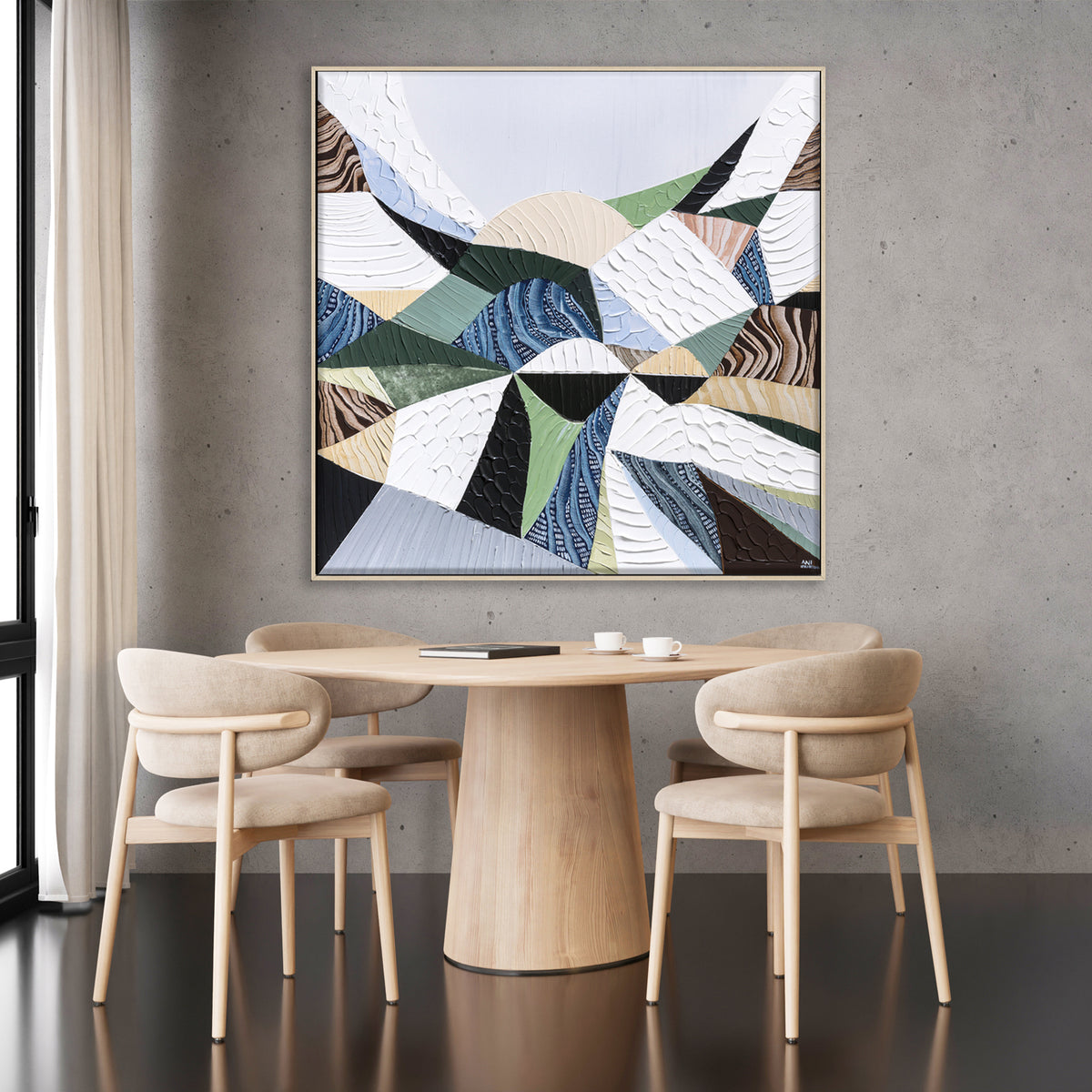 Great Dividing Plateau 11 original abstract Australian landscape painting by Melbourne-based Australian artist Ani Ipradjian, inspired by the Great Dividing Range with textured earthy browns, sage greens and native bushland tones, framed in Tasmanian Oak.