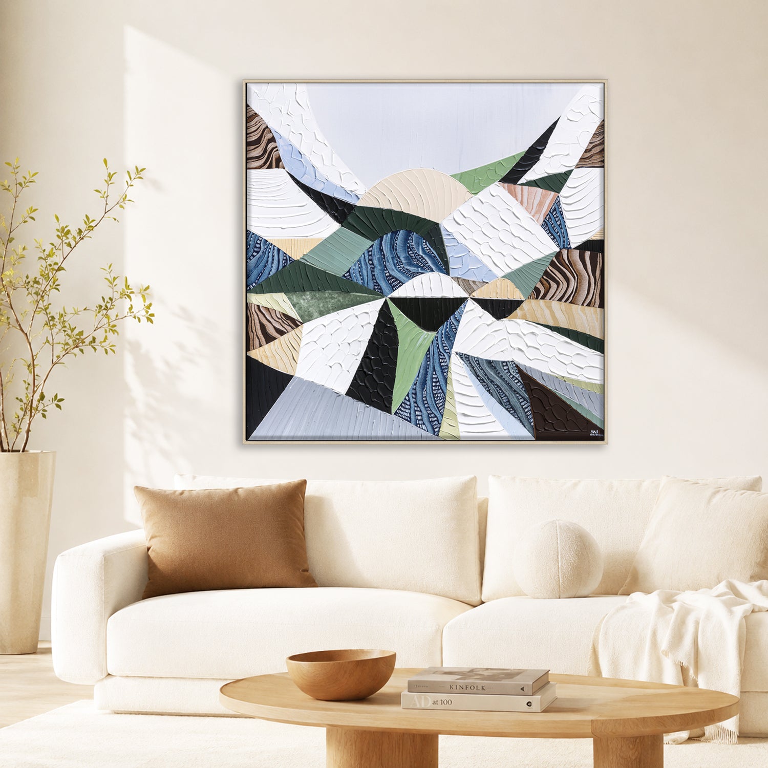 Great Dividing Plateau 11 original abstract Australian landscape painting by Melbourne-based Australian artist Ani Ipradjian, inspired by the Great Dividing Range with textured earthy browns, sage greens and native bushland tones, framed in Tasmanian Oak.