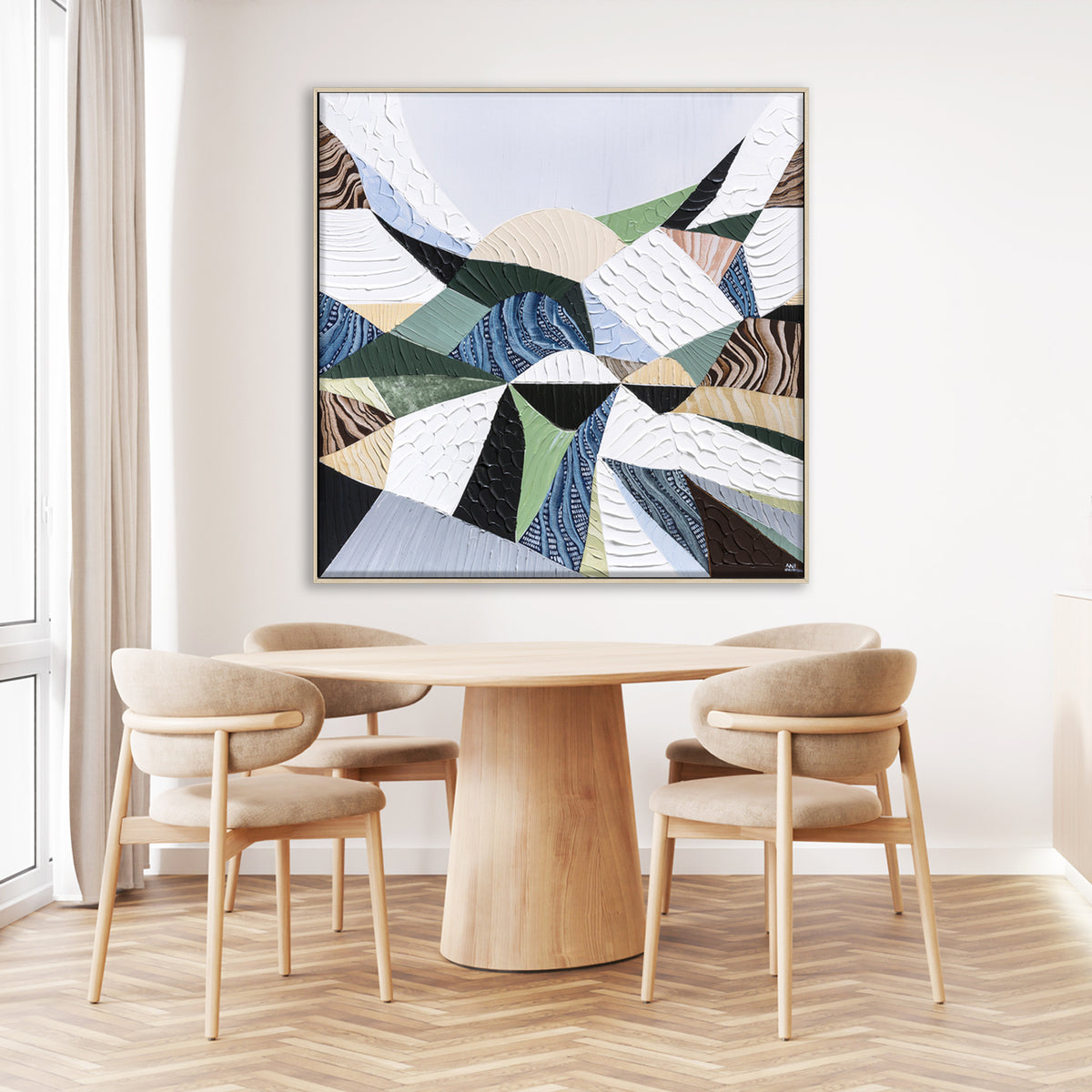 Great Dividing Plateau 11 original abstract Australian landscape painting by Melbourne-based Australian artist Ani Ipradjian, inspired by the Great Dividing Range with textured earthy browns, sage greens and native bushland tones, framed in Tasmanian Oak.