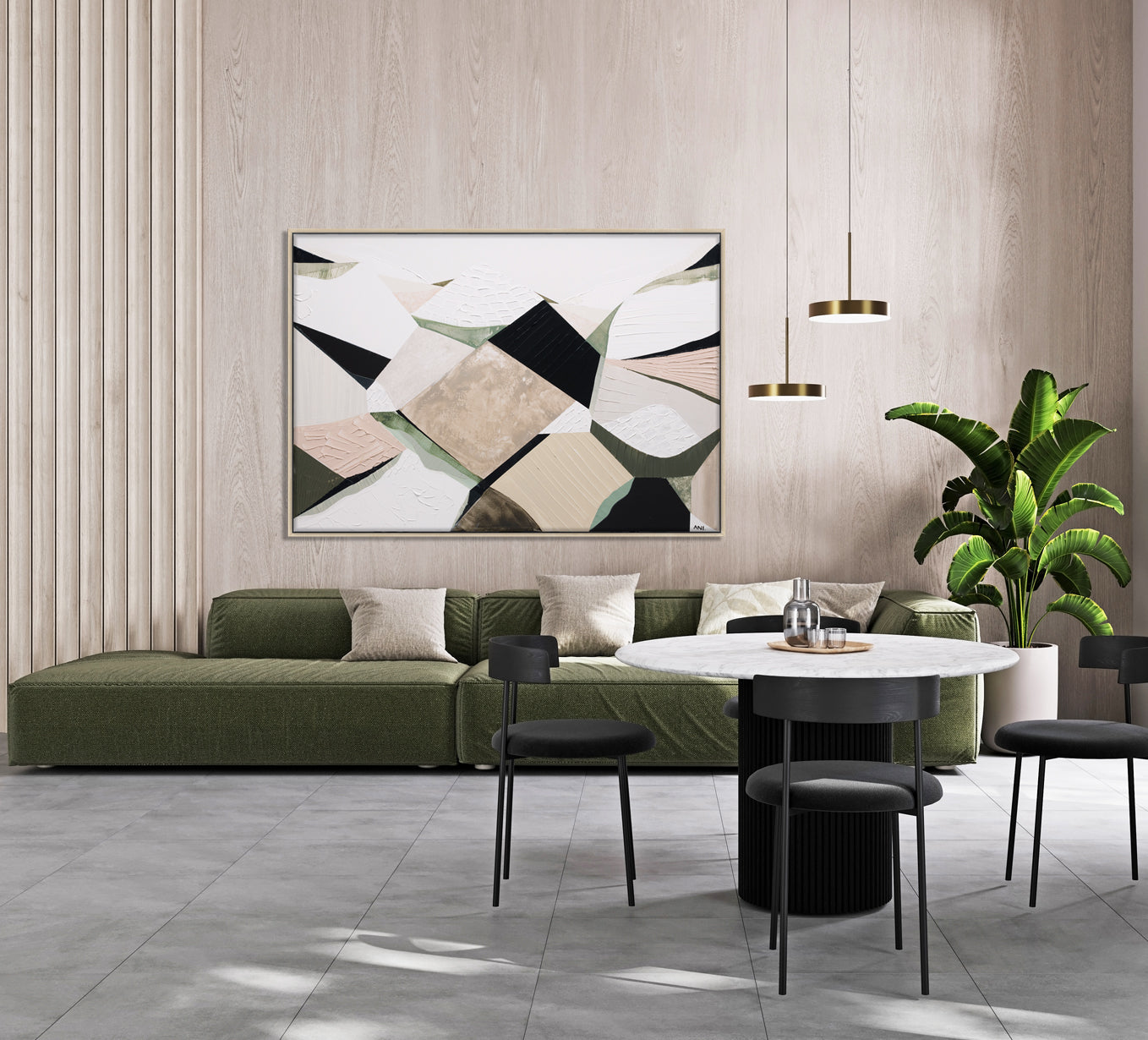 "Great Dividing Ranges" – Original abstract landscape painting by Australian artist Ani Ipradjian, featuring earthy browns, sage greens, and rich textures inspired by Australia’s iconic mountain range spanning Queensland, New South Wales, and Victoria; perfect for collectors of Australian art, nature-inspired interiors, and global art enthusiasts.