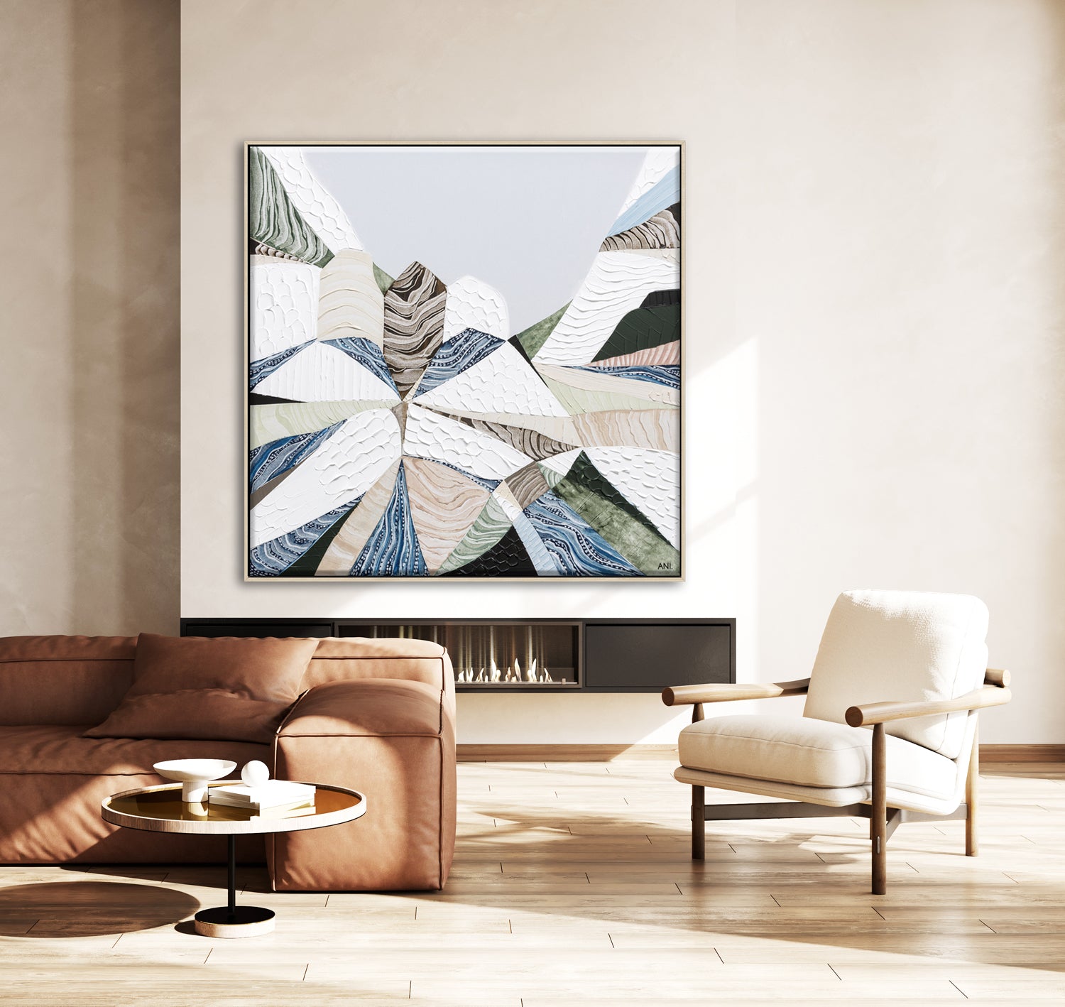 Great Dividing Plateau 7 abstract Australian mountain landscape painting by Melbourne artist Ani Ipradjian, Australian artist inspired by the Great Dividing Range across Queensland, New South Wales, and Victoria, featuring earthy tones, sage greens, and rich textured layers, contemporary Australian wall art for collectors and interior designers worldwide