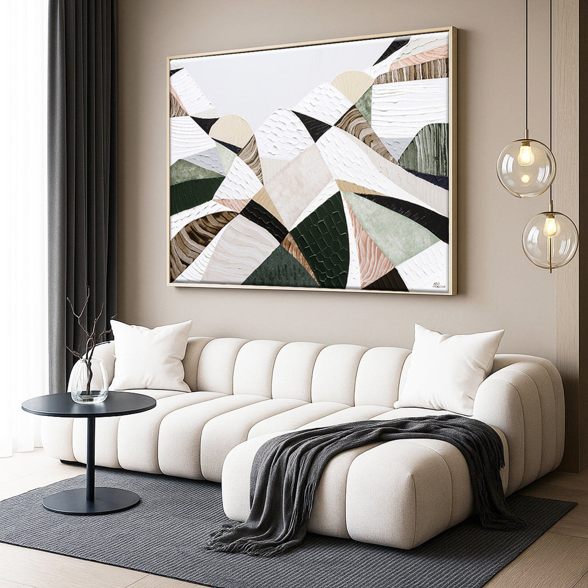 Great Dividing Mountain Ranges 3, original Australian abstract landscape painting by Melbourne artist Ani Ipradjian, featuring earthy browns, sage greens and rich textured native bushland. Contemporary acrylic and mixed media artwork on canvas, 134cm x 95cm, framed in Tasmanian Oak.