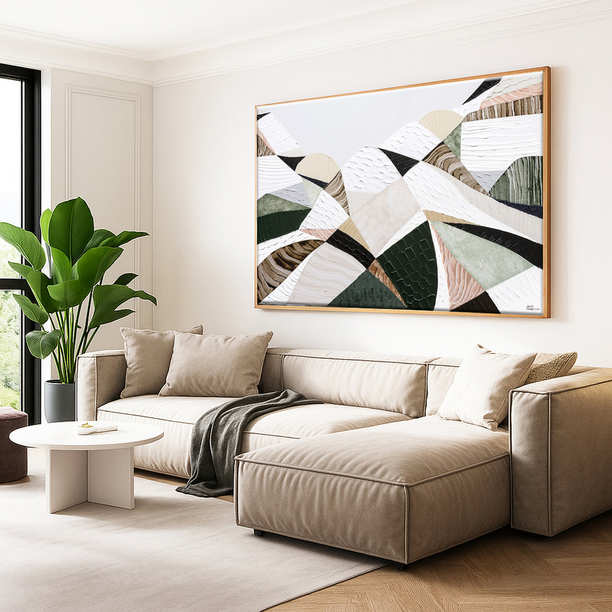 Great Dividing Mountain Ranges 3, original Australian abstract landscape painting by Melbourne artist Ani Ipradjian, featuring earthy browns, sage greens and rich textured native bushland. Contemporary acrylic and mixed media artwork on canvas, 134cm x 95cm, framed in Tasmanian Oak.
