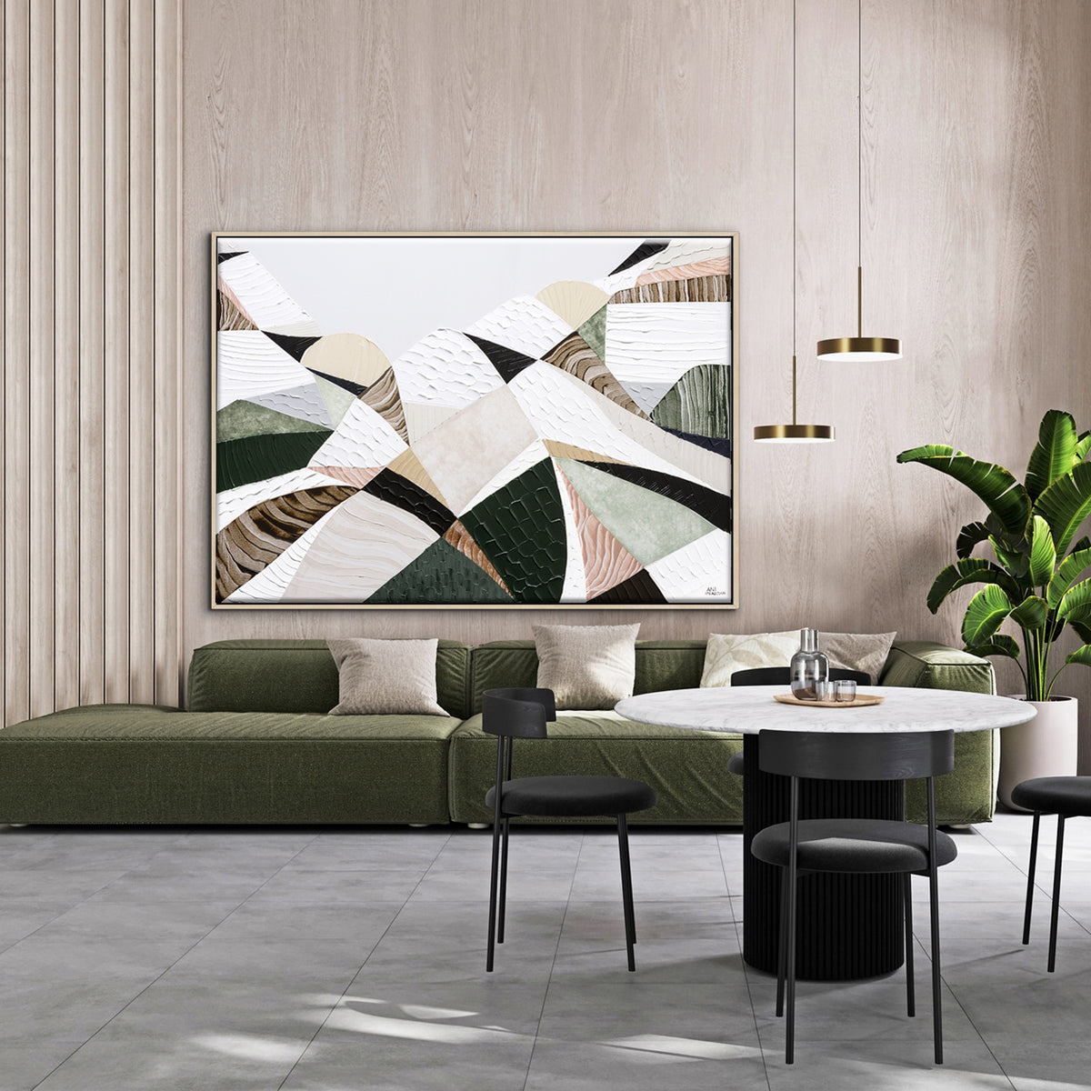 Great Dividing Mountain Ranges 3, original Australian abstract landscape painting by Melbourne artist Ani Ipradjian, featuring earthy browns, sage greens and rich textured native bushland. Contemporary acrylic and mixed media artwork on canvas, 134cm x 95cm, framed in Tasmanian Oak.