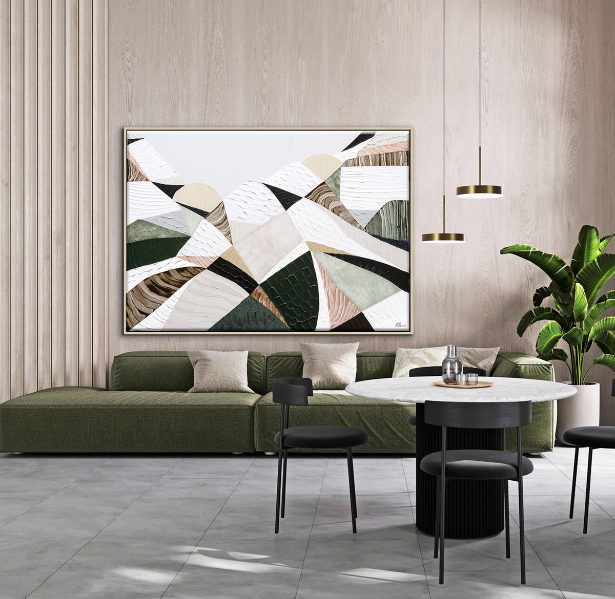 Great Dividing Mountain Ranges 3, original Australian abstract landscape painting by Melbourne artist Ani Ipradjian, featuring earthy browns, sage greens and rich textured native bushland. Contemporary acrylic and mixed media artwork on canvas, 134cm x 95cm, framed in Tasmanian Oak.